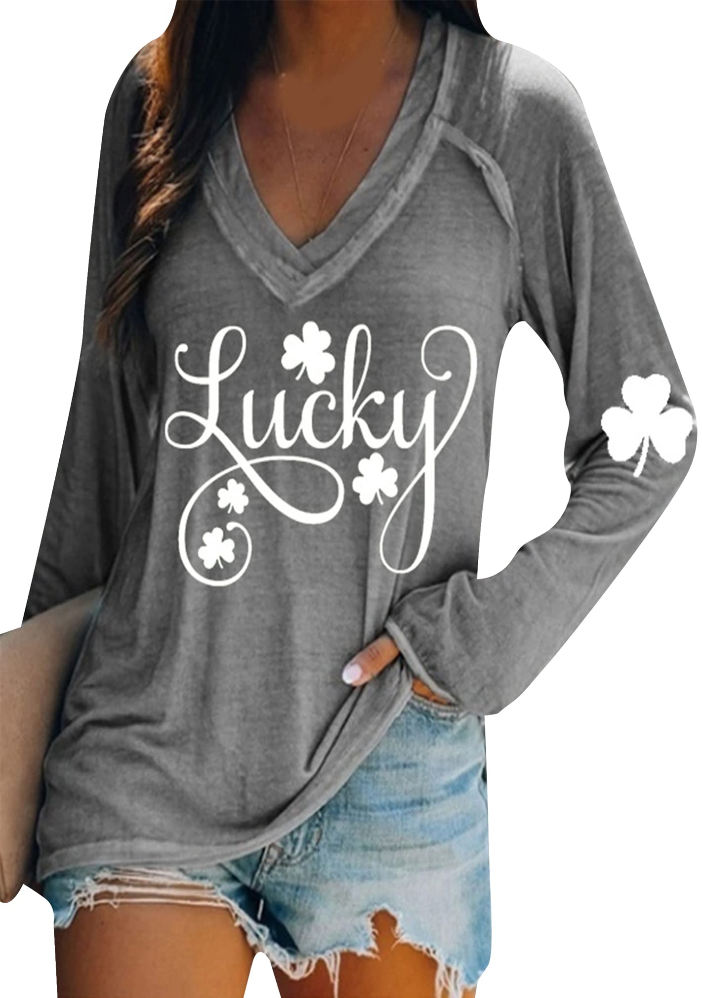 BOFETA Women St Patricks Day Sweatshirts Loose Long Sleeve Shirts Green Shamrock Print Blouse Flowy Color Block Pullover Tops