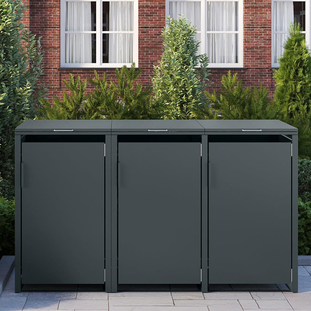 STEELSØN Thoria 3er Mülltonnenbox bis 120L – Müllcontainer für 3 Tonnen aus verzinktem Stahl – Mülltonnenverkleidung in Anthrazit wetterfest – hochwertige Müllbox/Gerätebox