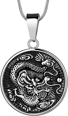 Hipunk Lucky Dragon Necklace, 316L Stainless Steel Chinese Dragon Coin Pendant, Year of Dragon Mascot Ornament