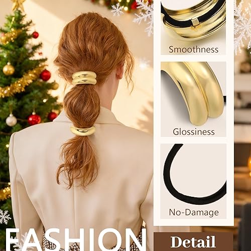 Miniatura 4 de 3 ligas doradas para el cabello, ligas metálicas para cabello grueso, diseño geométrico elegante y duradero, accesorios para el cabello dorado,
