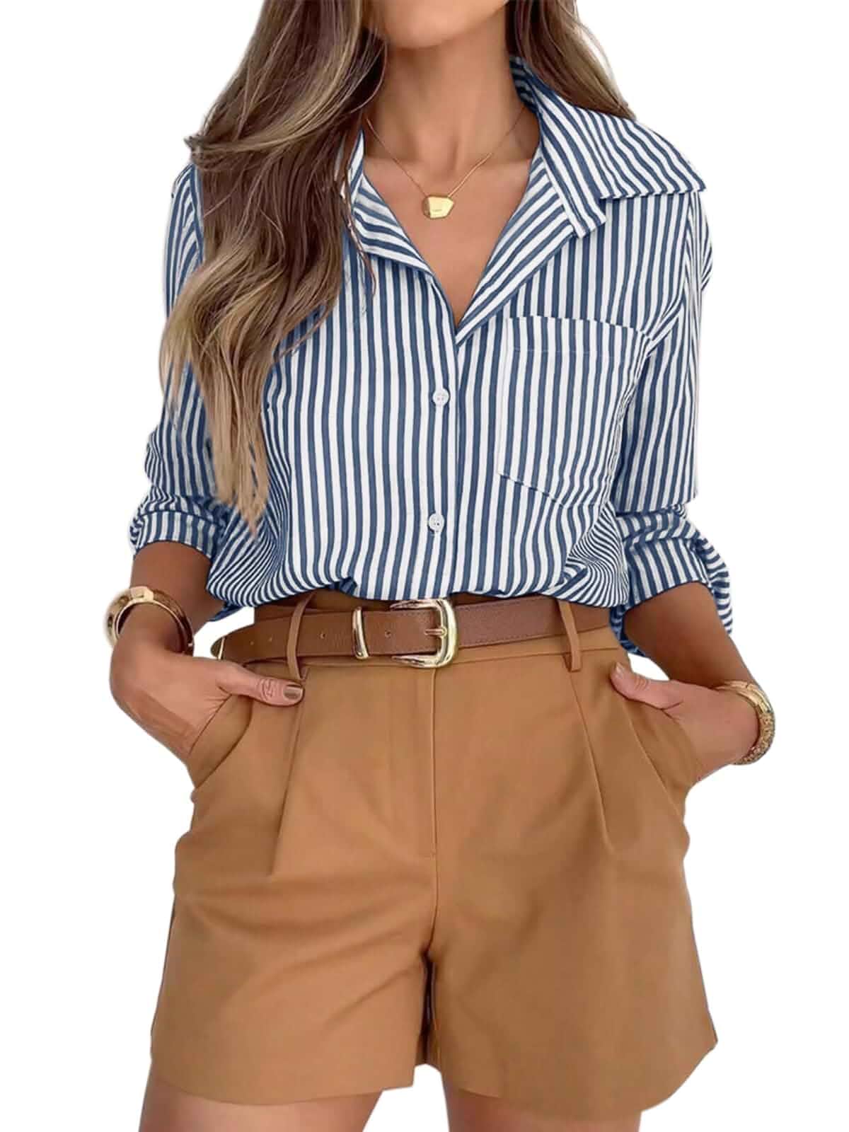 siliteelon Button Down Striped Shirts for Women Work Collared Dress Blouses Old Money Business Casual Outfits, Blouses for Women Dressy Casual Formal, Long Sleeve Professional Office Tops with Pocket