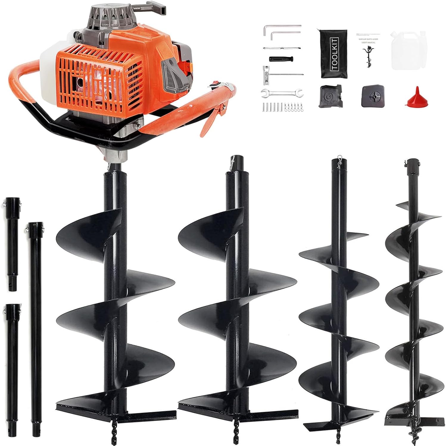 72CC 2-Stroke Gas Powered Post Hole Digger with 4" & 8" & 12" Auger Bits + 24“ & 24" Extension Rod, Heavy Duty Earth Auger for Farm, Garden, Landscaping, Construction