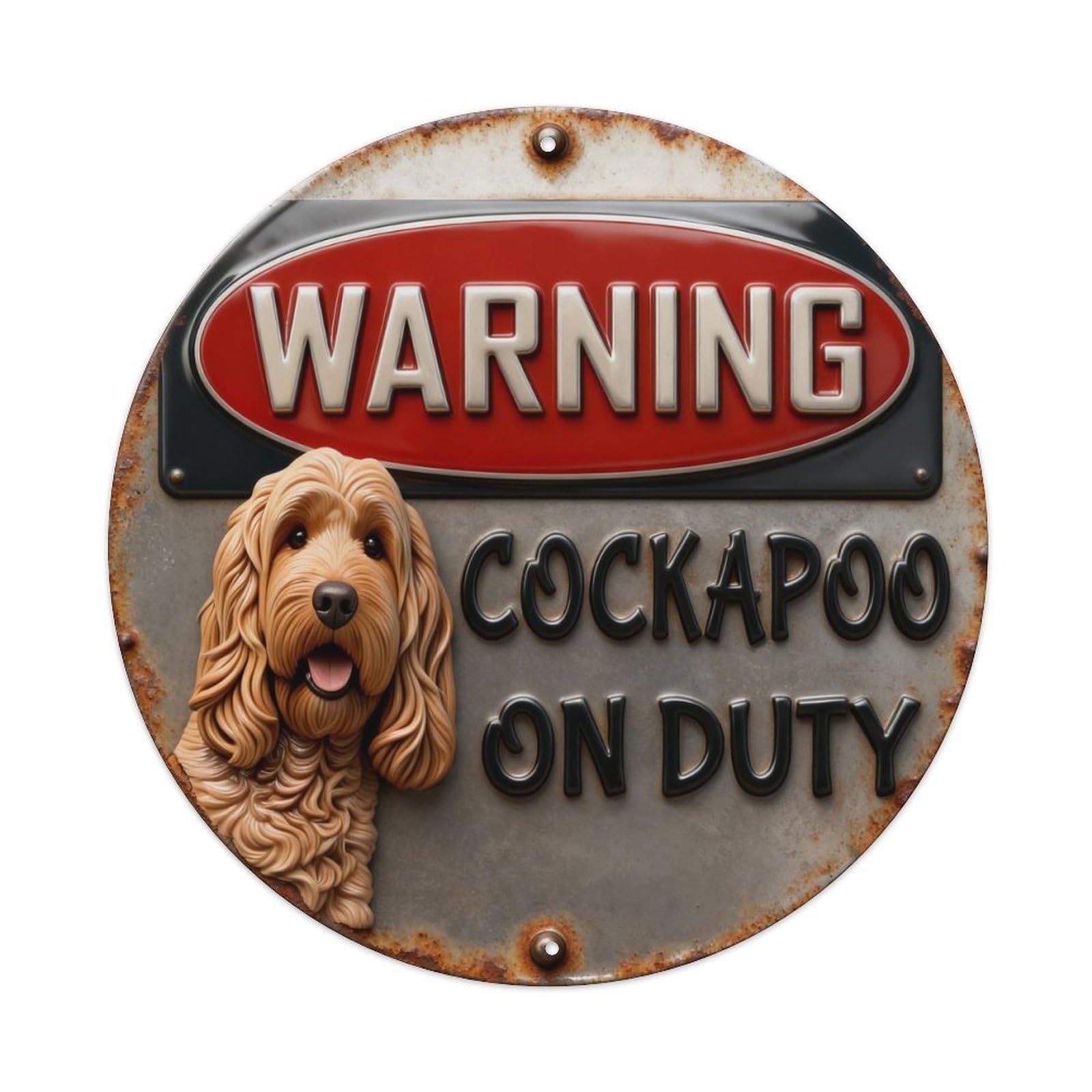 Warning Cockapoo On Duty Sign Round Metal Tin Sign Vintage Wall Decor, Bar Garage Cafe Kitchen Home Wall Art Poster 8x8inches