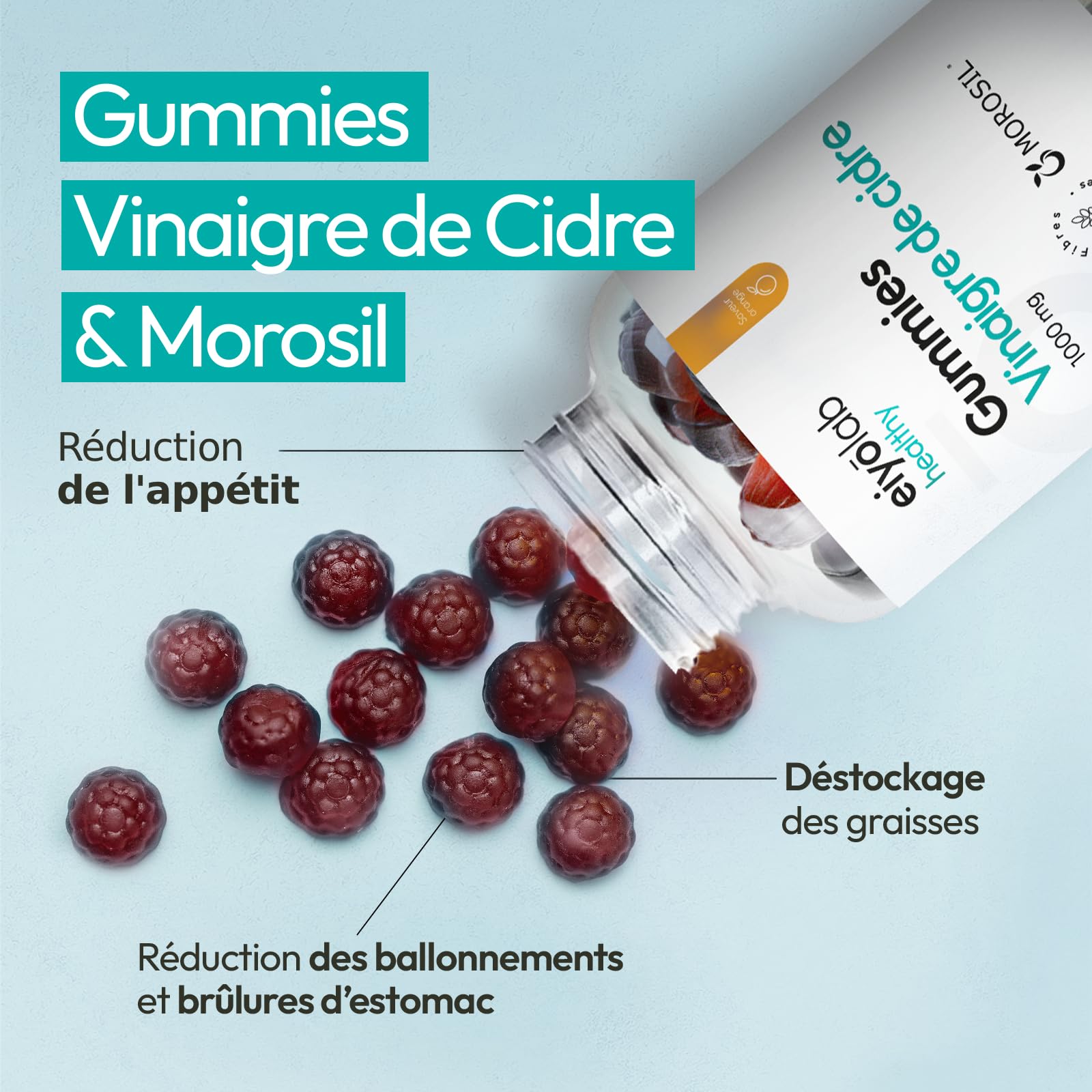 Gummies Morosil® - Vinaigre de Cidre | Digestion - Perte de Poids - Brûle Graisses | Vinaigre de cidre avec la "mère" | Morosil™ issu d’Orange Sanguine | Gummies Goût Orange | Sans Gélatine | Eiyolab