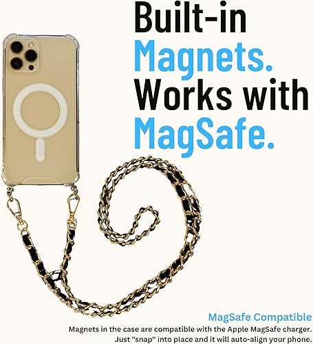 Miniatura 2 de Aporia - iPhone 12 Pro - Funda MagSafe transparente con cadena cruzada  Gancho integrado y correa de hombro negra y dorada  Compatible con carga