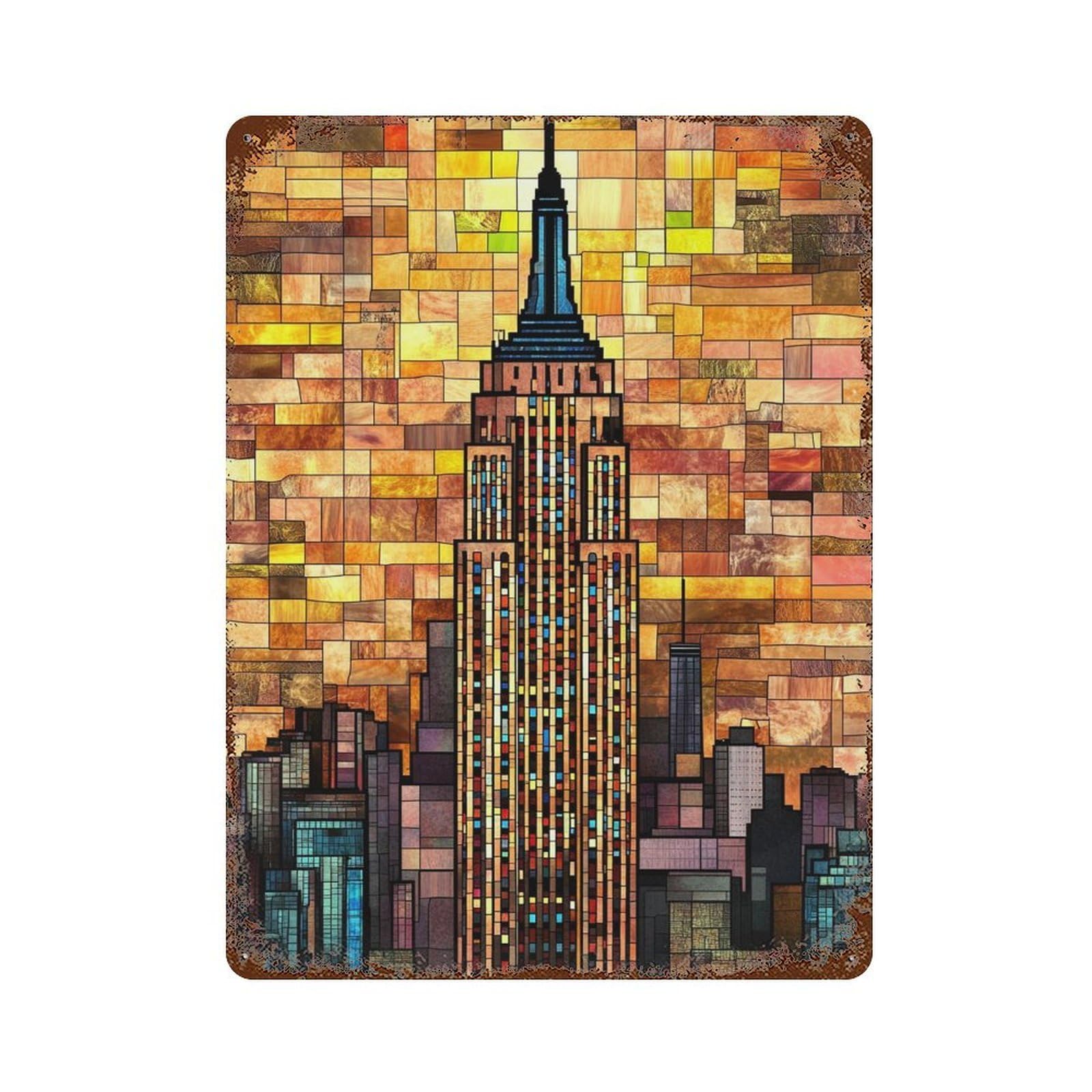 Empire State Building Stained Glass-2 15.7"x11.8" Decorative Tin Sign, Farmhouse Wall Decor for Farmhouse, Kitchen And Entryway Decor