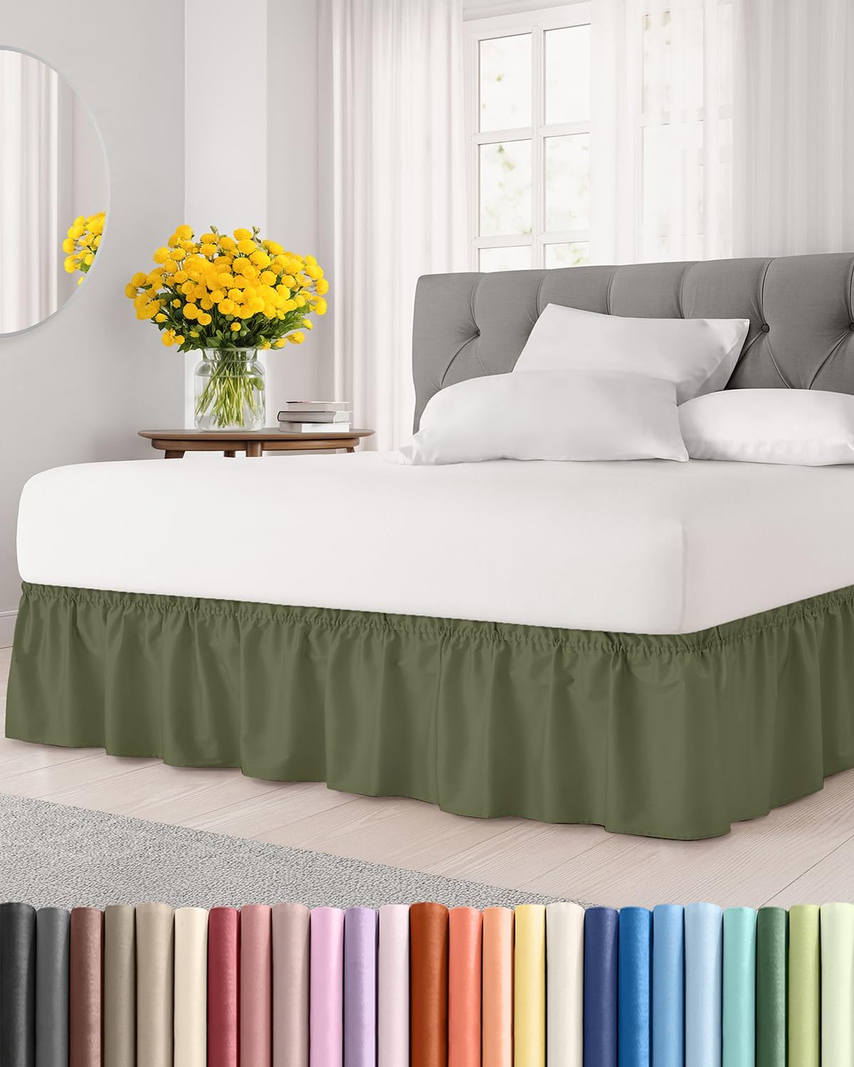 Wrap Around Dust Ruffle Bed Skirt - Sage Green - for King Size Beds with 21 Inch Drop - Elastic Strap - Adjustable Pleated Bedskirt with Brushed Fabric and Wrinkle Free - for Women, Men, Kids & Teens