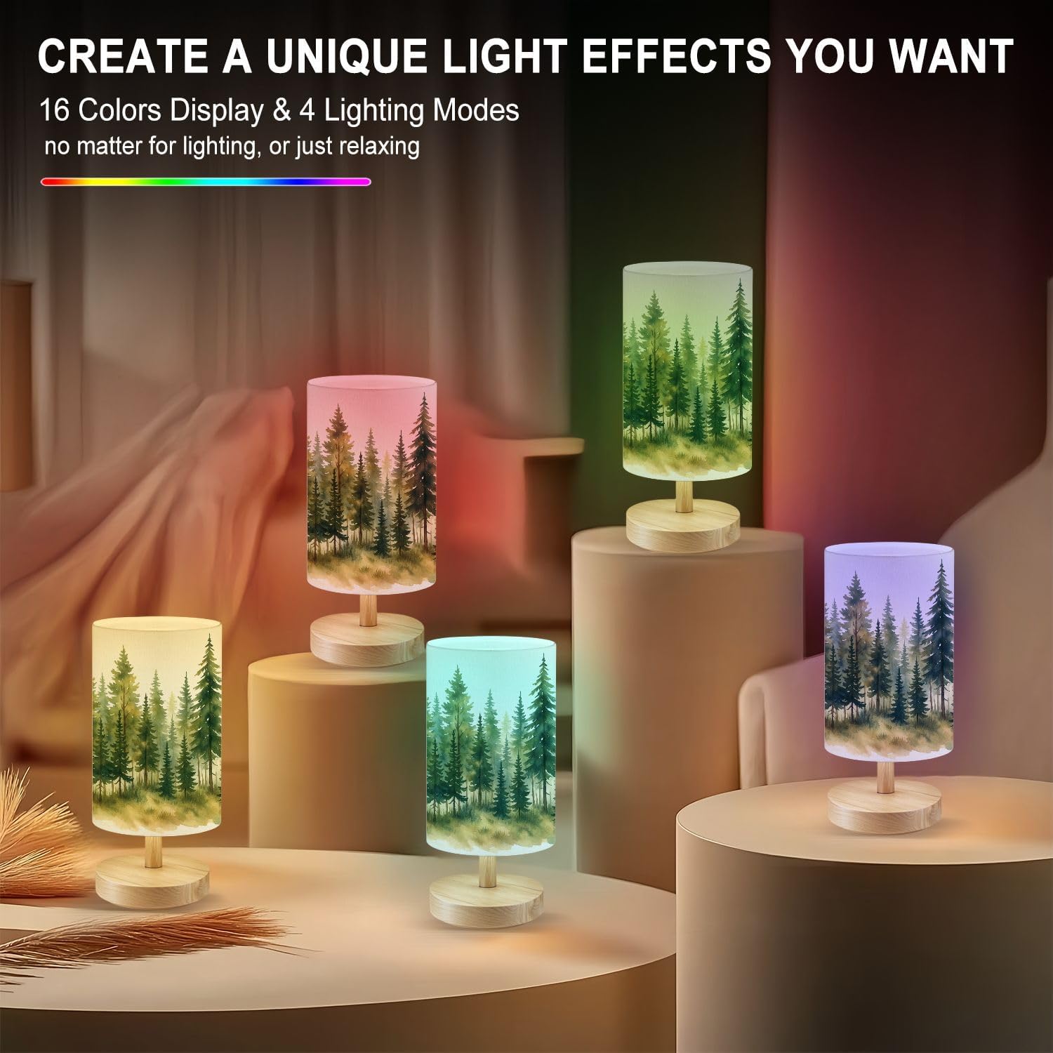 Round Table Lamp for Bedroom Watercolor Trees Evergreen Pine Tree Forest Watercolor Misty Scene Beside Lamps Desk lamp with Wood Base Nightstand Lamps for Nursery Living Room Home Decor