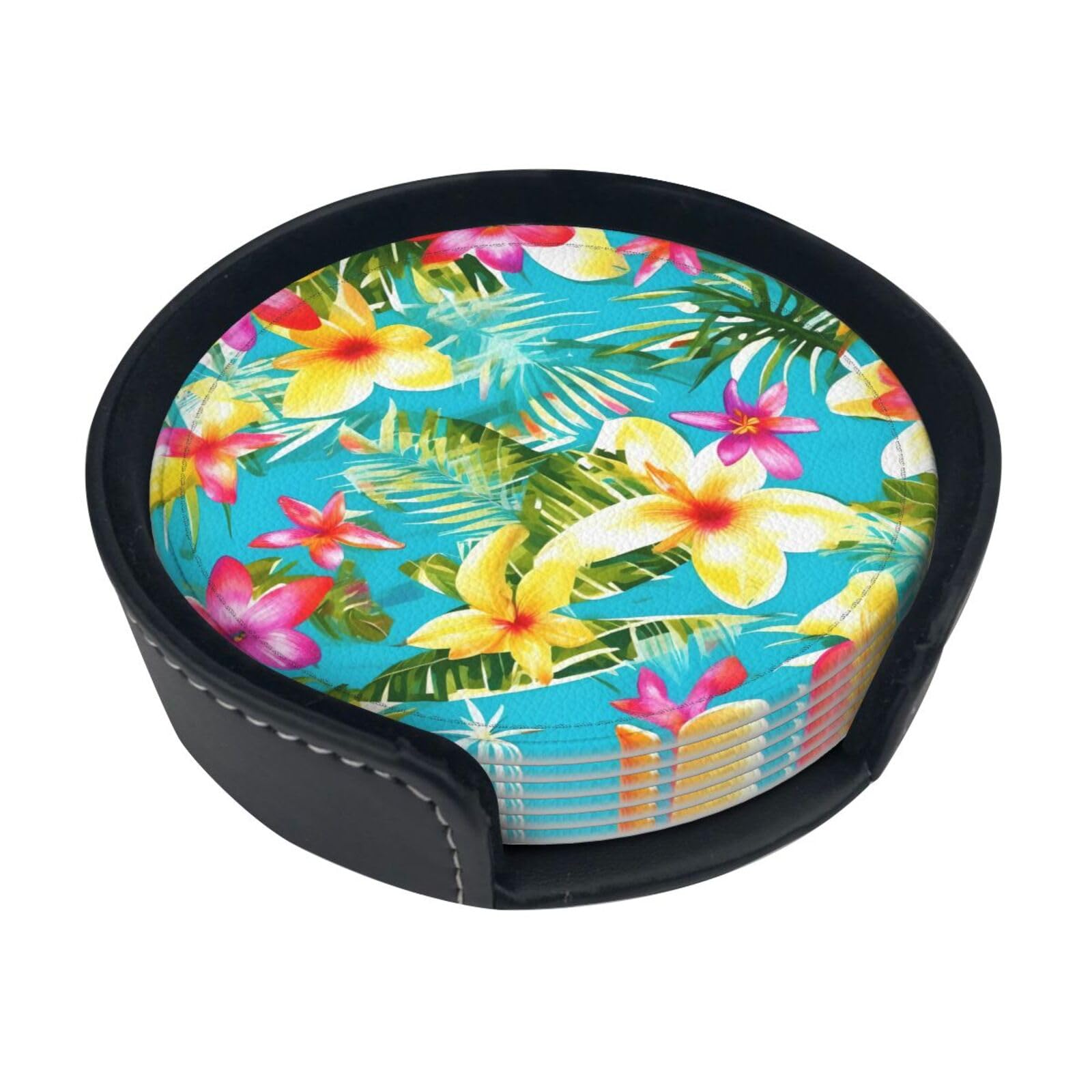 Summer Style Hawaiian Print Round Coasters Set Of 6,Coaster For Tabletop Protection Home Bar Decor