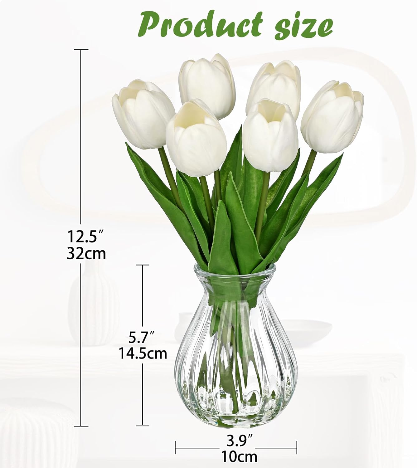 Oairse Artificial Tulips Flowers Floral Arrangement - 6 Stems Faux Flowers with Clear Glass Vase with Faux Water 12.5" White Fake Tulips Bouquet Centerpiece for Table Living Room Home Office Decor