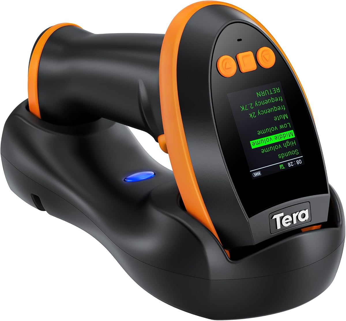 Escáner de código de barras Tera inalámbrico con pantalla: versión Pro 1D 2D QR con teclado de configuración Base de carga Funciona con Bluetooth 2.4G Lector de código de barras portátil con cable USB inalámbrico HW0009 | Pantalla a color de 3 botones, funciona con Bluetooth 2.4G USB, 2500 mAh, escaneo QR 1D 2D, biblioteca de almacén minorista, teléfono con tableta para PC