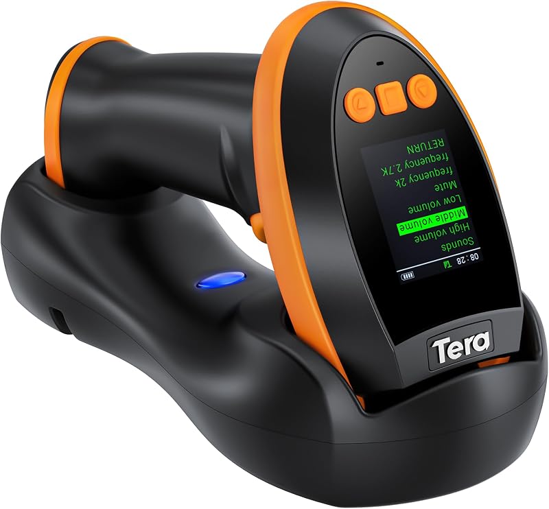 Escáner de código de barras Tera inalámbrico con pantalla: versión Pro 1D 2D QR con teclado de configuración Base de carga Funciona con Bluetooth 2.4G Lector de código de barras portátil con cable USB inalámbrico HW0009 | Pantalla a color de 3 botones, funciona con Bluetooth 2.4G USB, 2500 mAh, escaneo QR 1D 2D, biblioteca de almacén minorista, teléfono con tableta para PC