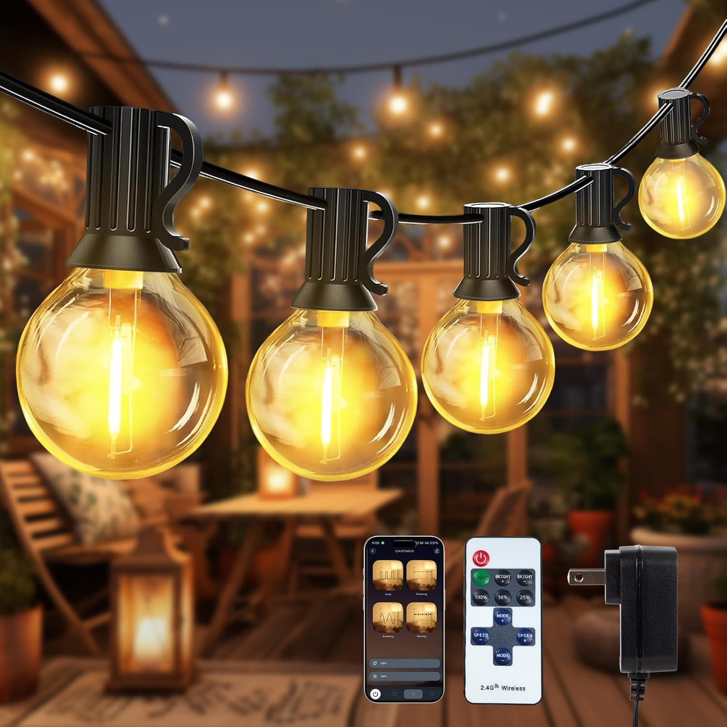 Smart Outdoor String Lights, 100FT G40 LED Outdoor Patio Lights Connectable with 40+2 Shatterproof LED Bulbs, Commercial Grade String Lights APP Control Timer for Backyard Balcony Garden Party