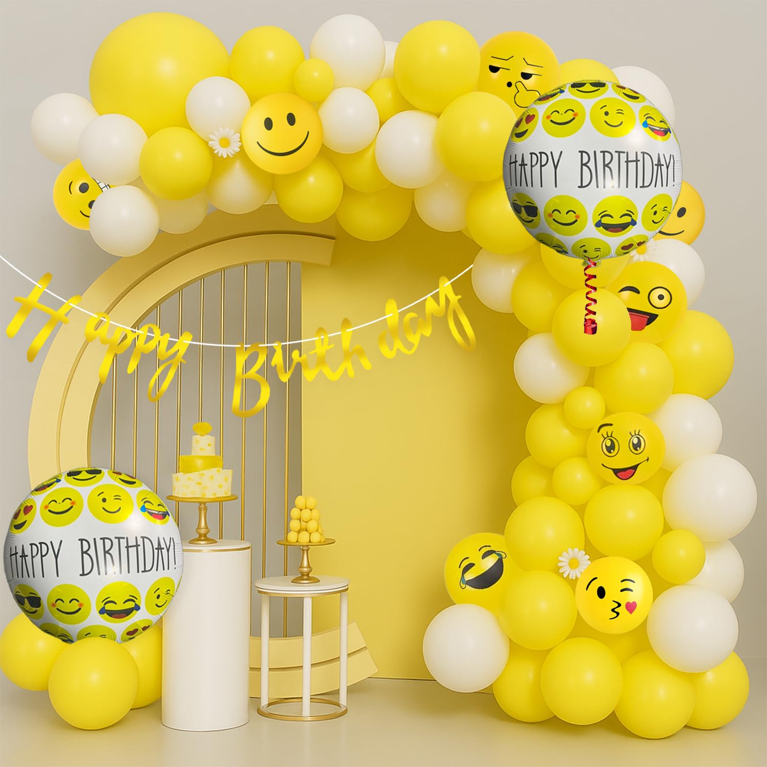 Rozi Decoration Rubber Smiley Theme Birthday Party Pack - 68 Pcs Decorations for Kids, Boys, Girls - Balloons and Happy Birthday Décor Set, Golden
