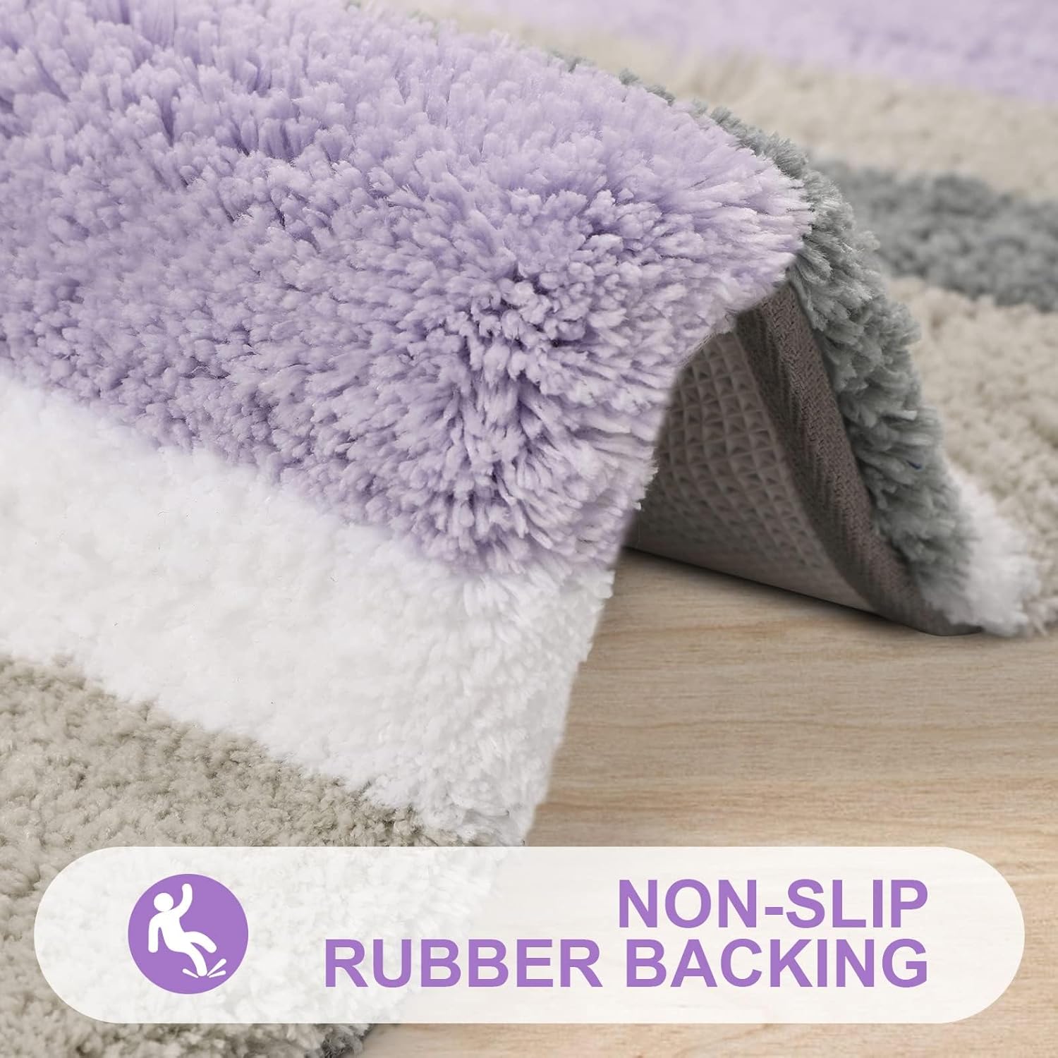 Buganda Microfiber Striped Bathroom Rugs Bath Mat, Extra Thick, Soft and Shaggy, Absorbent, Machine Washable, Bath Rugs for Bathroom, Tub and Shower, 70x24 Inches, Purple-Grey