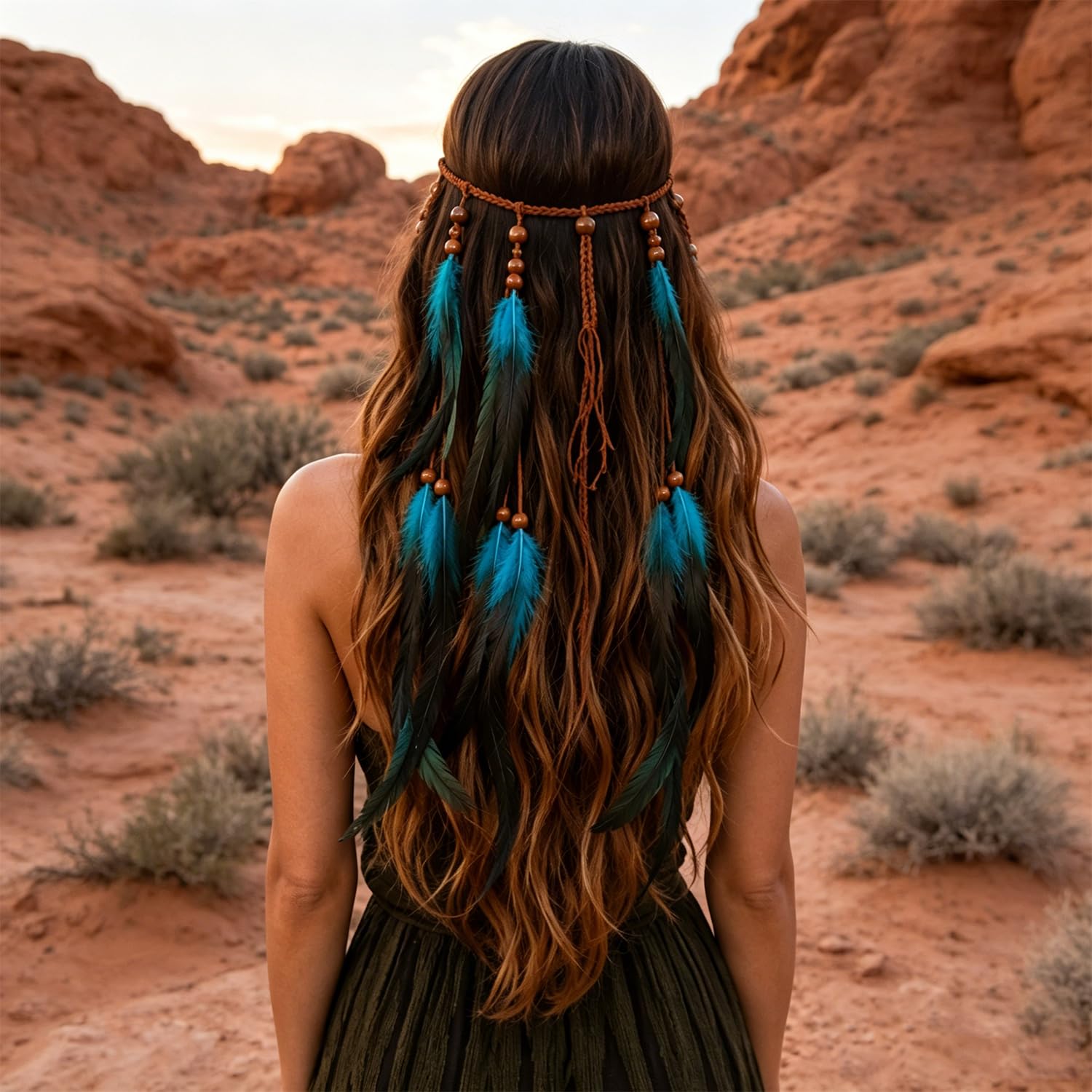 Set De 4 Tatuajes Faciales De Indio Nativo Americano + Cinta Para El Cabello Con Plumas - Accesorios Bohemios Para Disfraces