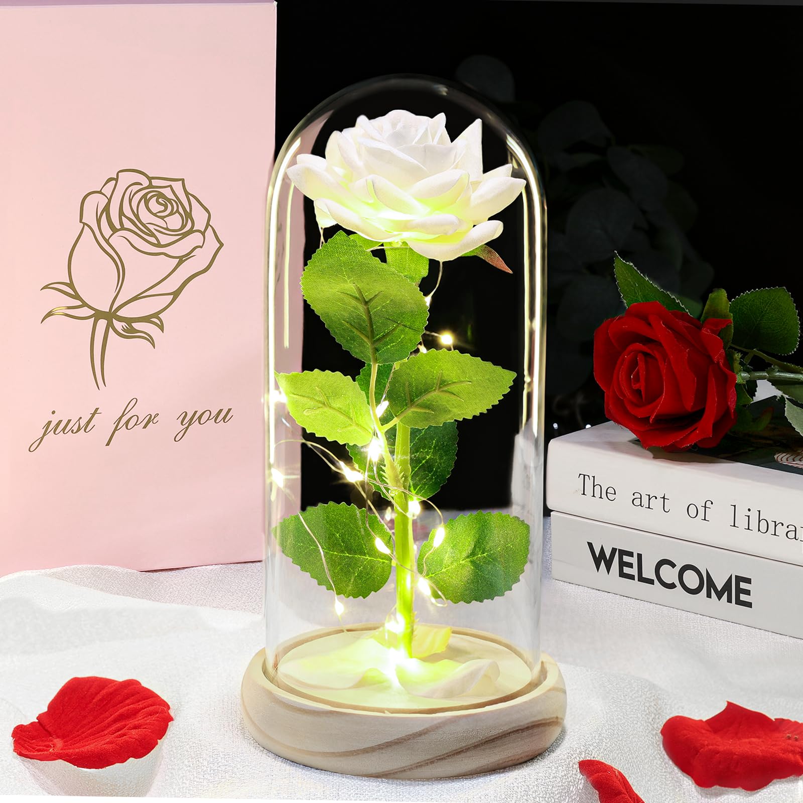 Deemei Women's White Mothers Day Rose Gifts For Mum, Mother's Day Eternal Rose Flower Birthday Gifts For Mum Wife Girlfriend Galaxy Crystal Rose Light Up Flower In Glass Dome For Mothersday Anniversary Presents