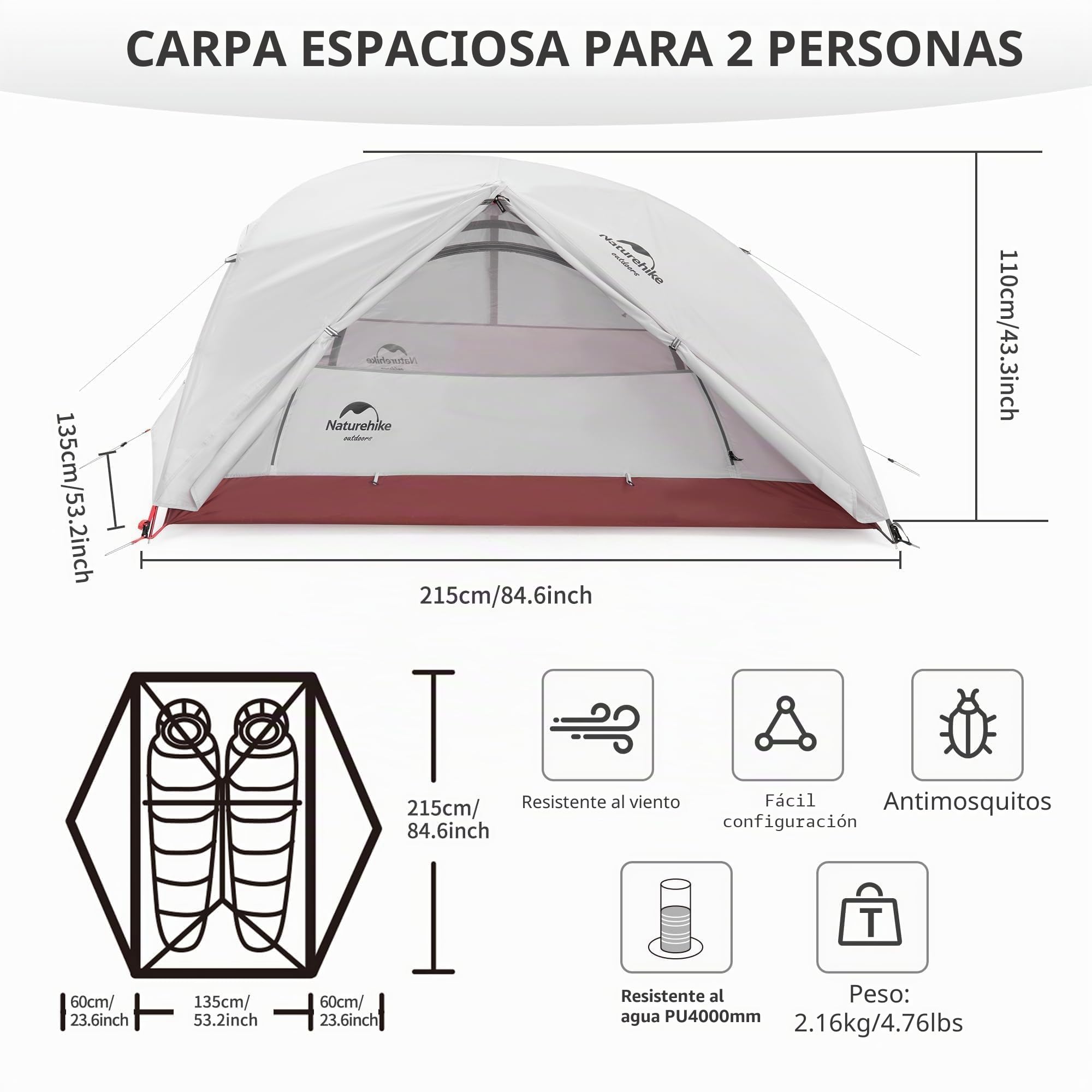 Naturehike Star-River Tienda de Campaña 20D Silicona Tela Ultraligero 2 Persona 4 Estaciones