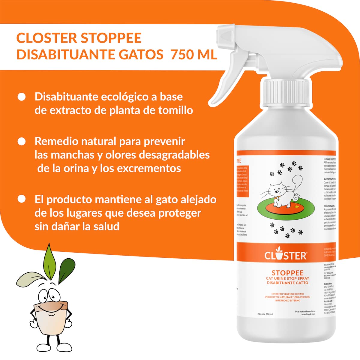 CLOSTER STOPPEE - Disuasivo para Gatos 750 ML - Spray disuasivo para Gatos de Base Vegetal de tomillo - Disuasivo para Gatos para Interiores y Exteriores - disuasivo para Gatos Producto 100% Natural