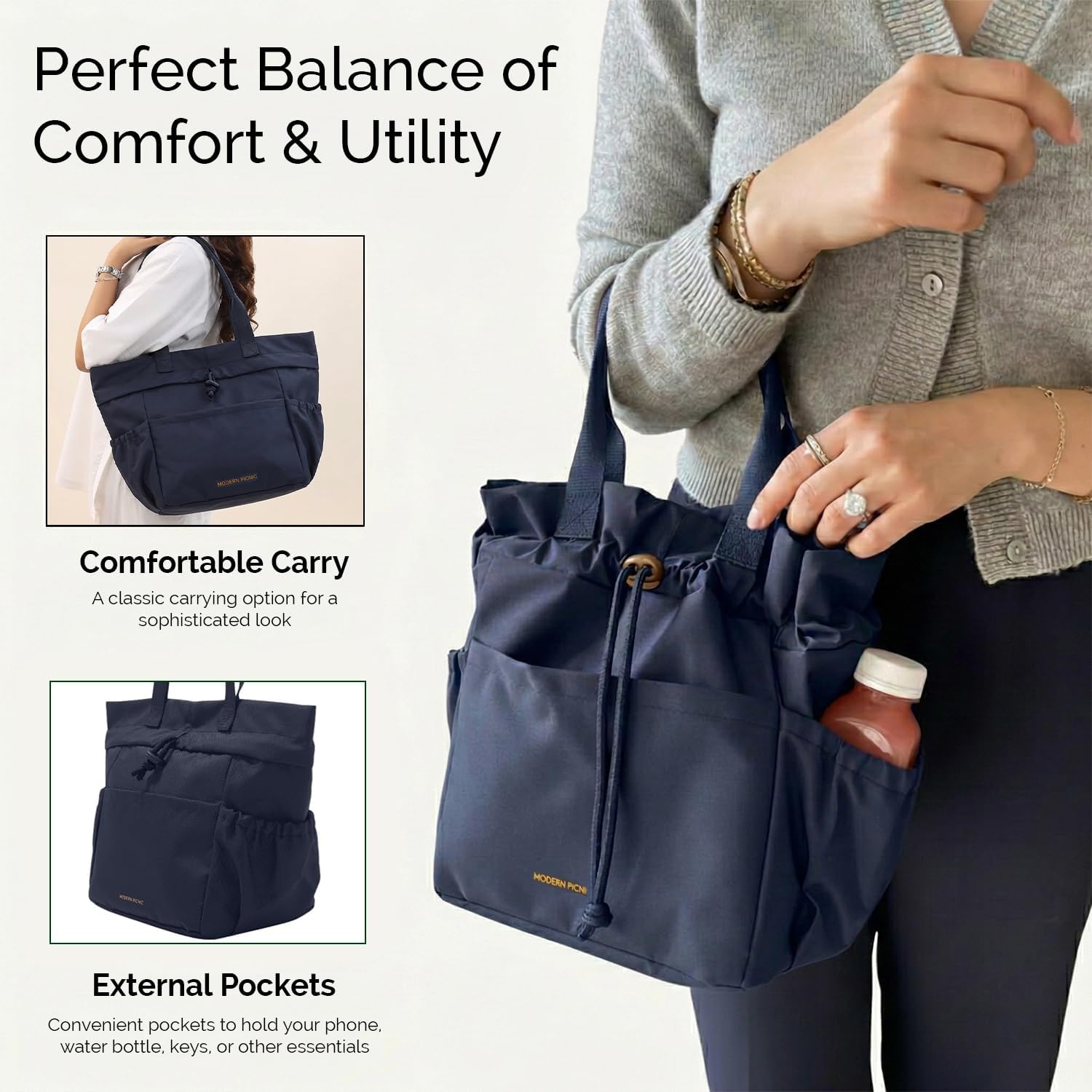 Modern Picnic x FabFitFun Lunch Bag for Women, Drawstring Lunch Bag for Women, Easily Wipeable, Stain-Resistant, Leak-Resistant, Cinch Closure Lunch Bags for Work/Office/Outdoor - Navy