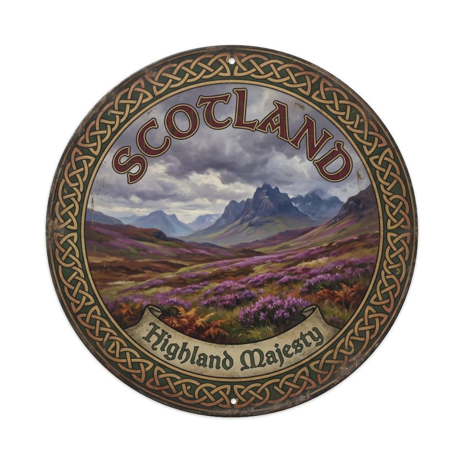 Vintage Travel Scotland Highlands Moor Metal Tin Sign Plaque Wall Decor for Cafe, Club Bar, Office, Home Garden Round Metal Poster 8x8Inch