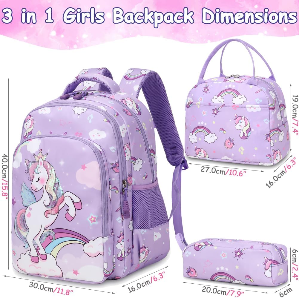 Girls Backpack for Elementary Kids School Bookbag Set Cute Unicorn Backpacks for Girls Water Resistant - Image 3