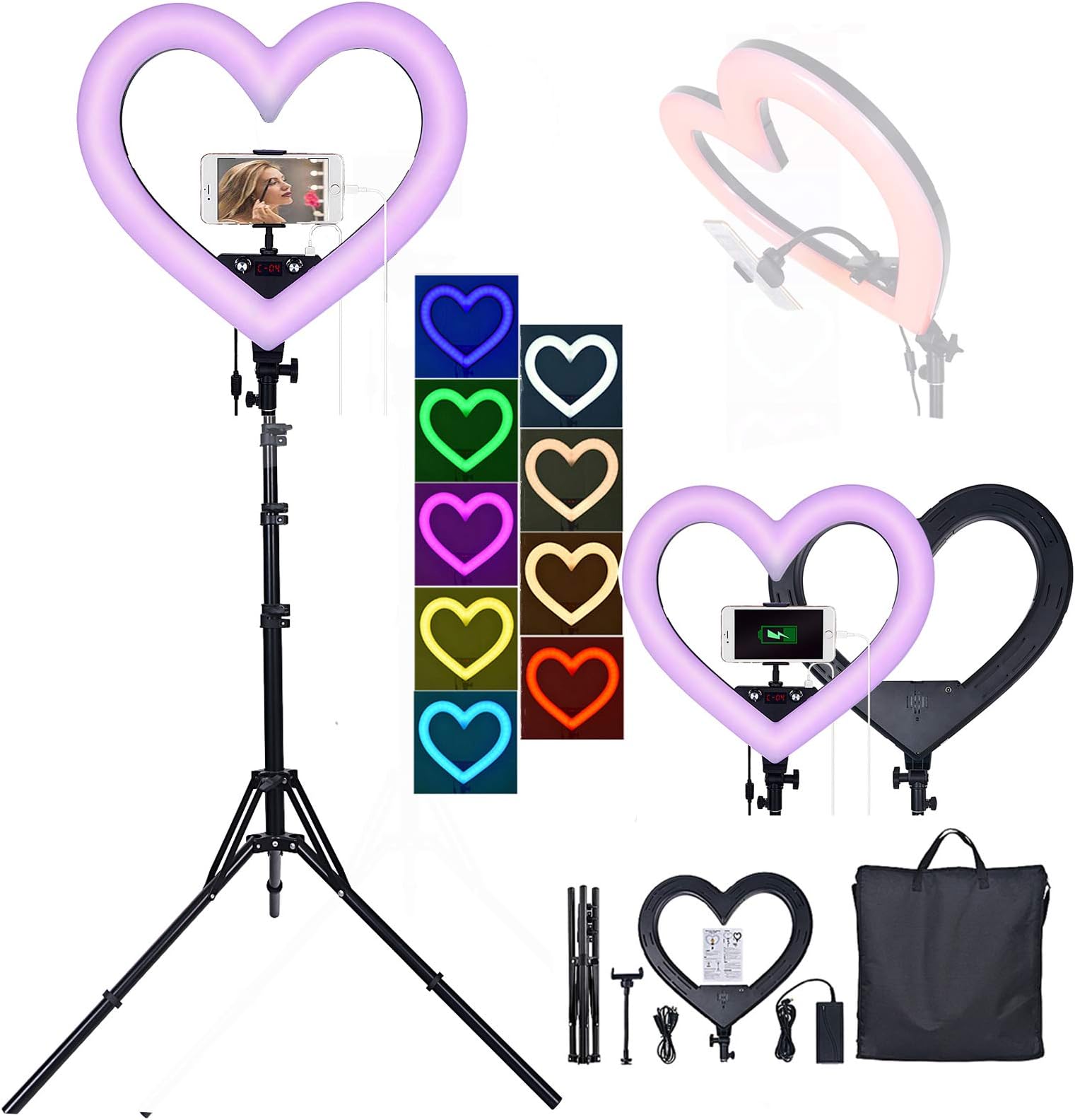 Selfie Ring Light with Tripod Stand, 19"RGB LED Heart-Shaped Ring Light with Phone Holder 0-100% Dimmable Live-Fill Lamp with USB Output Port for Video Conference Photography