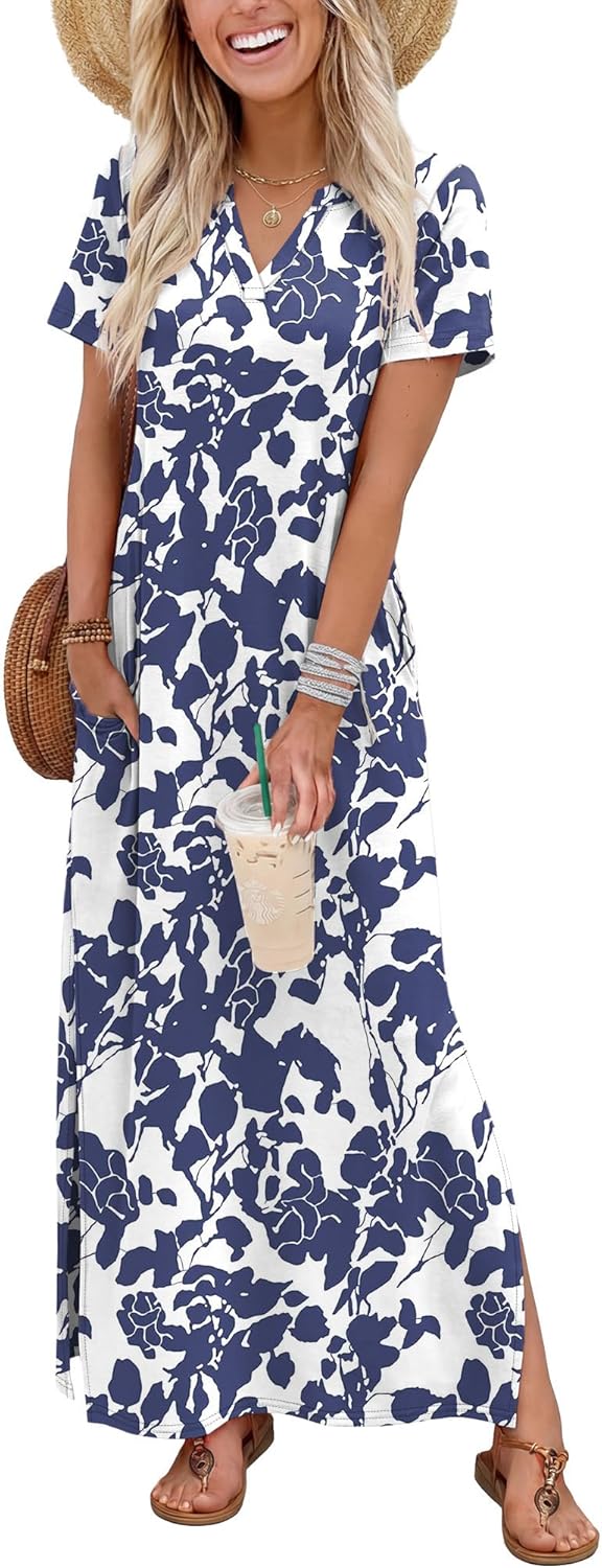 OFEEFAN Summer Dresses for Women 2026 Maxi Dress Short Sleeve Sundresses with Pockets Beach Vacation Spring Outfits