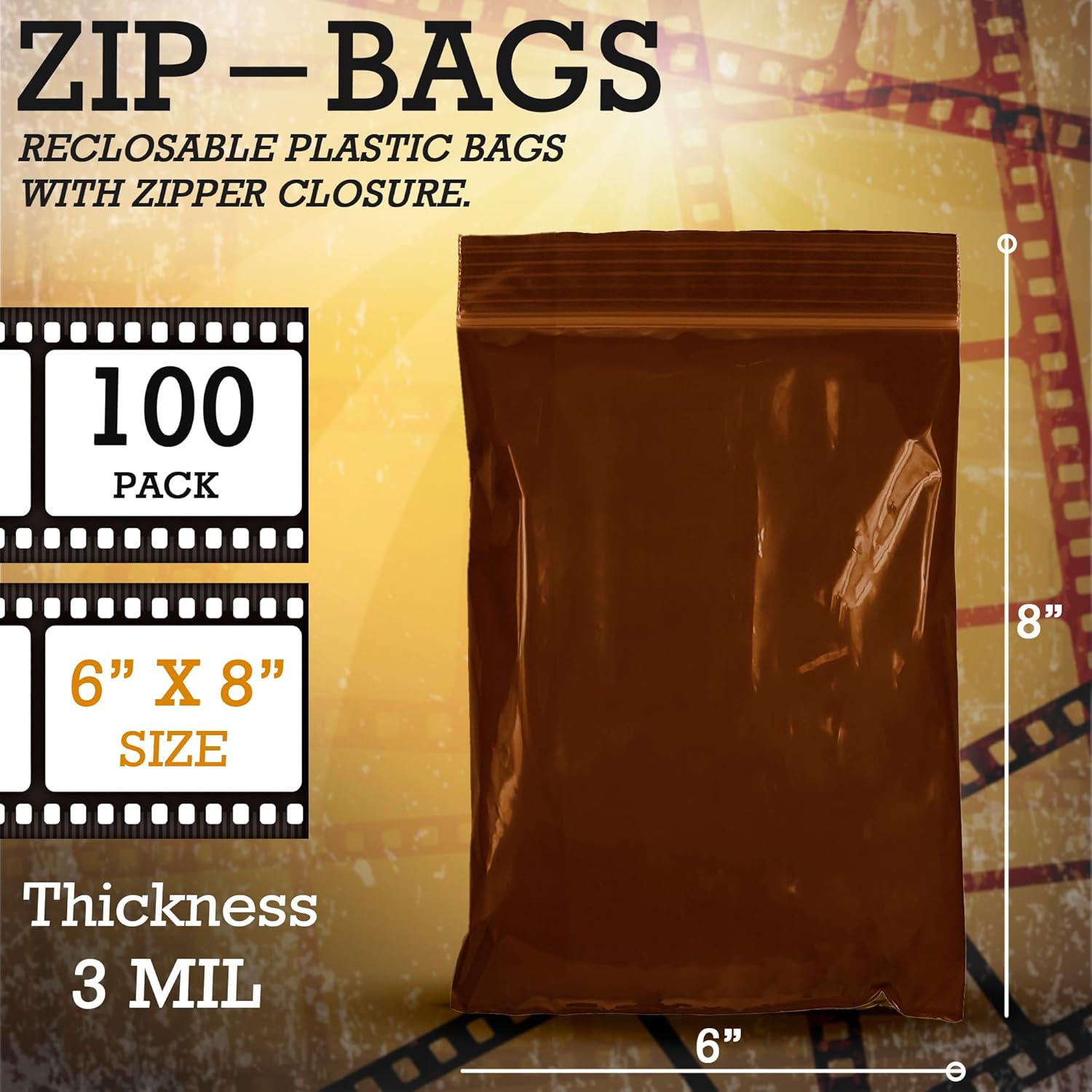APQ Supply Storage Bags with Zipper, Amber 6 x 8 in, 3 Mil LDPE, Reclosable Zip Closure, Opaque Light-Reducing Poly Bags for Storage, Packaging and Shipping, 100 Count