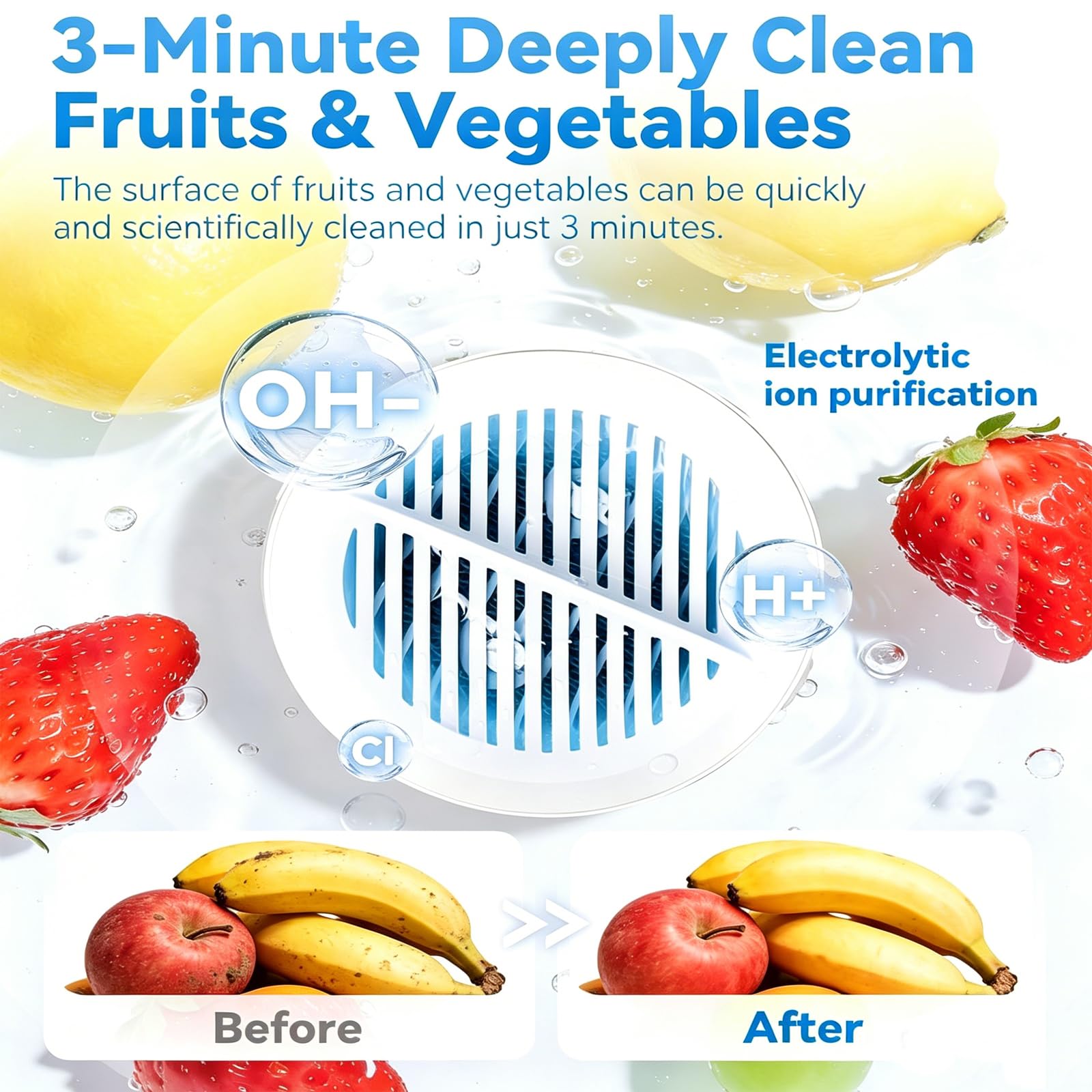 Purificador electrolítico de alimentos, limpiador portátil de frutas y verduras para limpieza profunda de 3 minutos, limpiador de productos recargable para frutas, verduras y carne