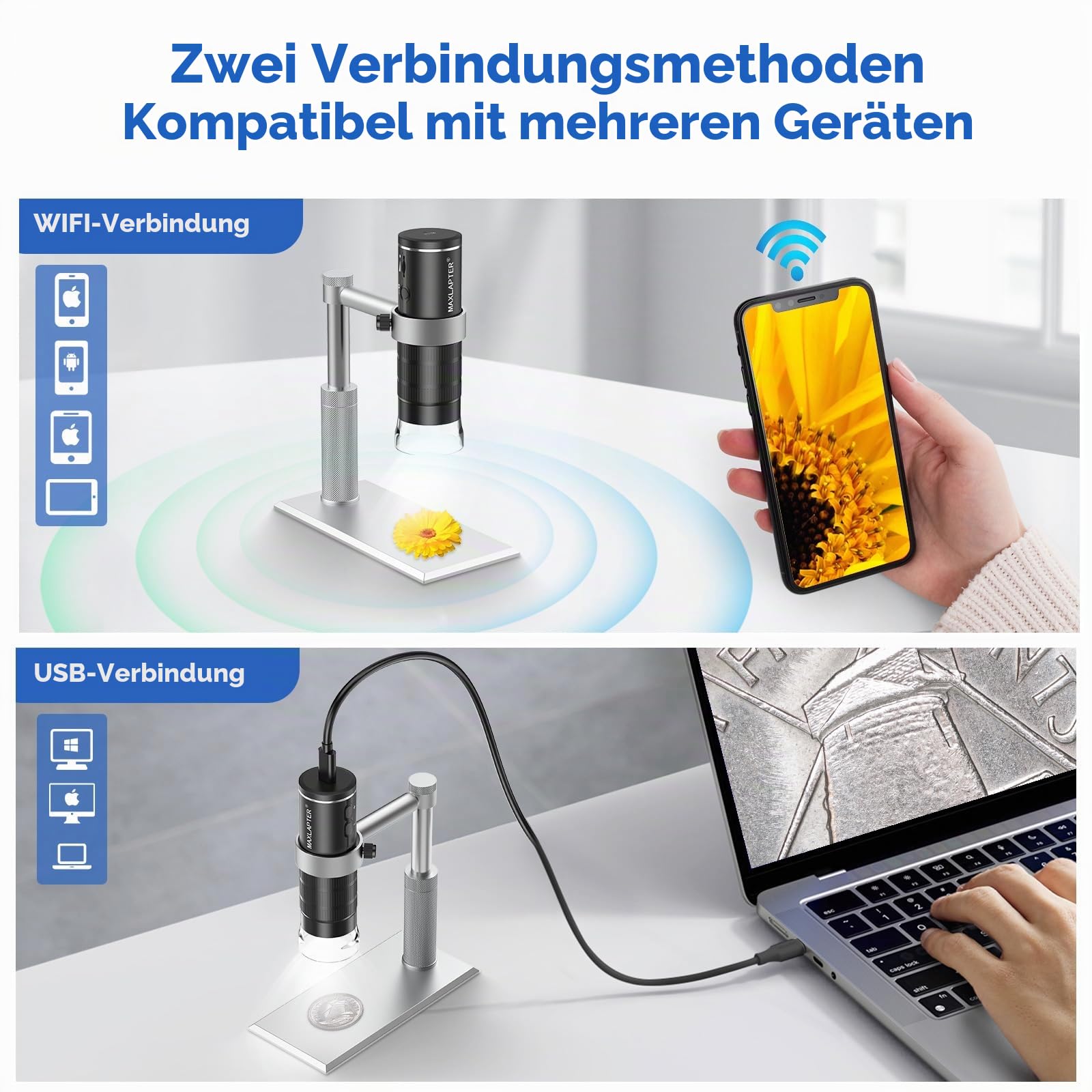 MAXLAPTER Digital Mikroskop WiFi 50X-1000X für Erwachsene und Kinder