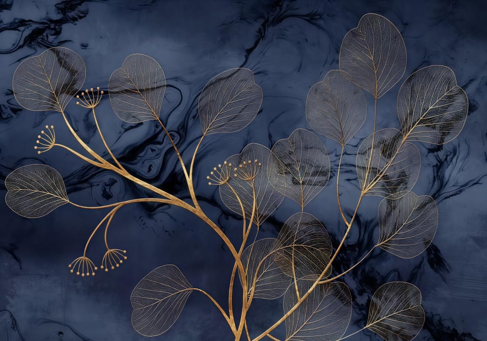 Gdkldfg Gold/Blue Leaves Zen Art Wallpaper,Non-Woven Poster,Wall Mural For Living Room Bedroom Feature Wall Decoration 300X240cm