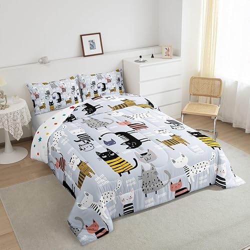 Miniatura 5 de Erosebridal Lindo juego de edredón de gatito azul tamaño King para niñas adolescentes, juegos de ropa de cama y colecciones con temática de animales