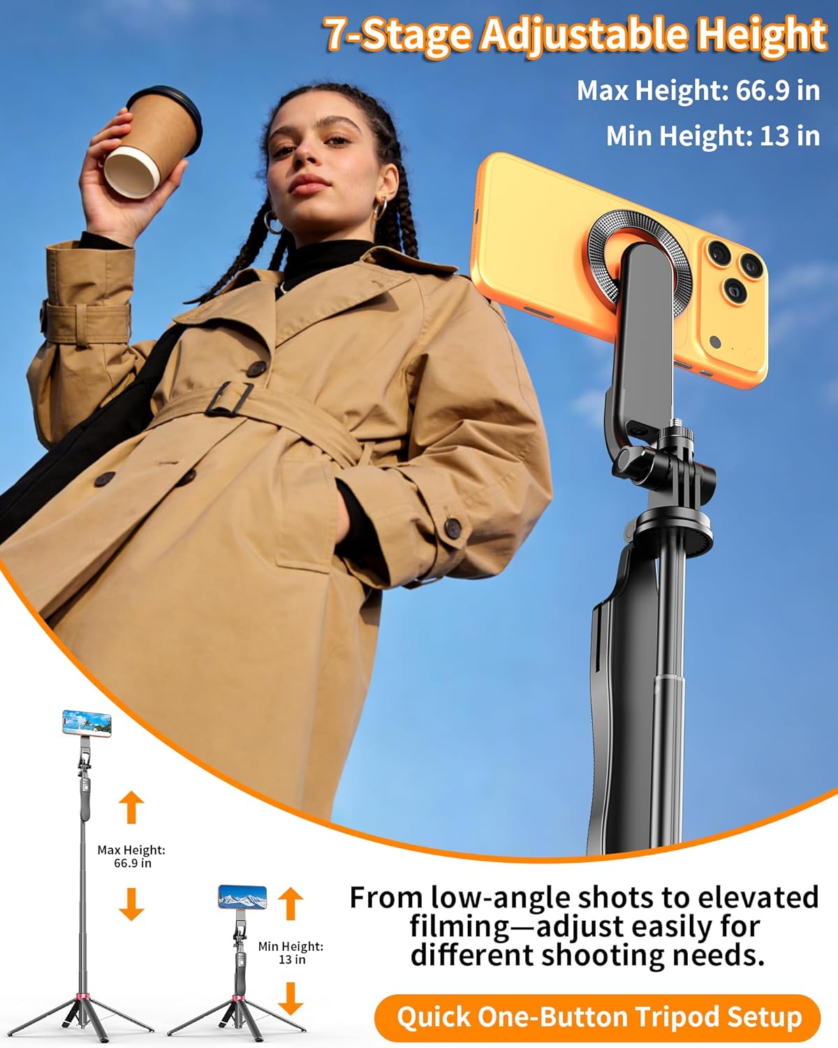 Magnetic Phone Tripod & Selfie Stick, 66.9" Adjustable Height, Strong Magnetic Mount, One-Button Unlock Tripod Design, Bluetooth Remote, Flexible Angles for Vlogging & Content Creation