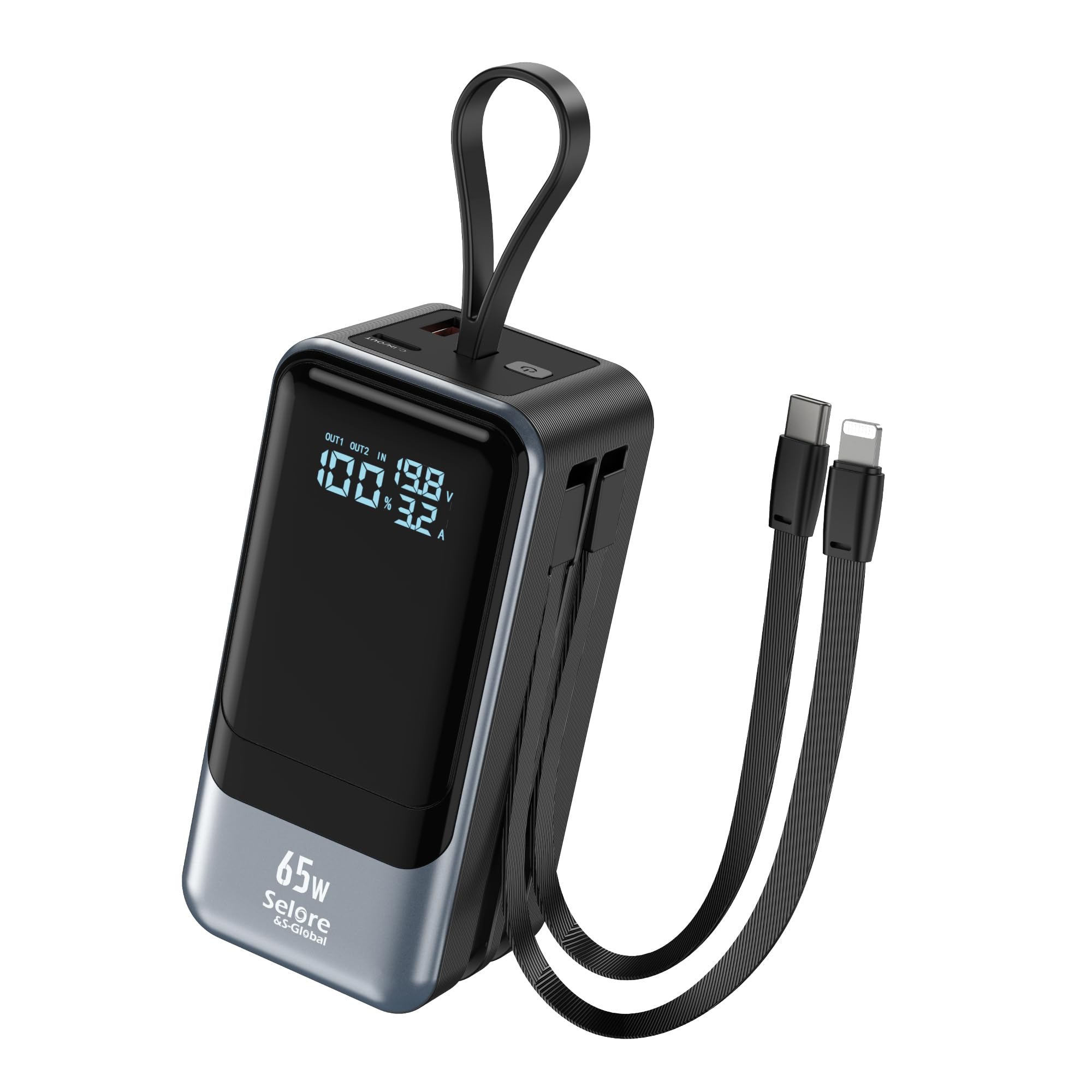 Selore&S-Global Power Bank, 65W Bateria Externa Carga Rapida, USB C Cargador Portátil con Cable Integrado, 4 Outputs, Powerbank Compatible con iPhone 17 16 15 14 13 Samsung iPad MacBook Pro Laptop