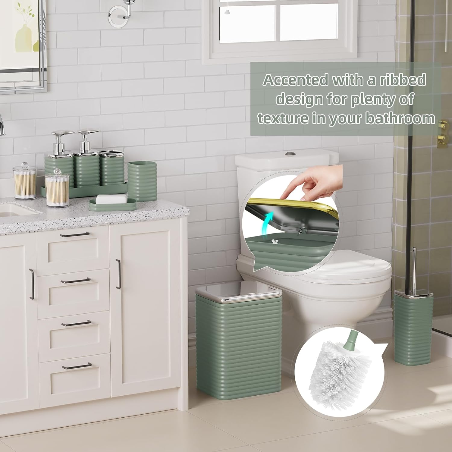 Bathroom Set - 25PC Bathroom Sets with Shower Curtain and Rugs, Sage Green Bathroom Set, Bathroom Accessory Set, Luxury Bathroom Accessories Set, Trash Can, Toilet Brush & Soap Dispenser