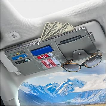Car Sun Visor Organizer, Leather Storage Pocket Sun Visor Pouch with Zipper for Cards License Registration Pen Glasses Document, Fits Most Car SUV, Auto Interior Accessories for Men Women Gray