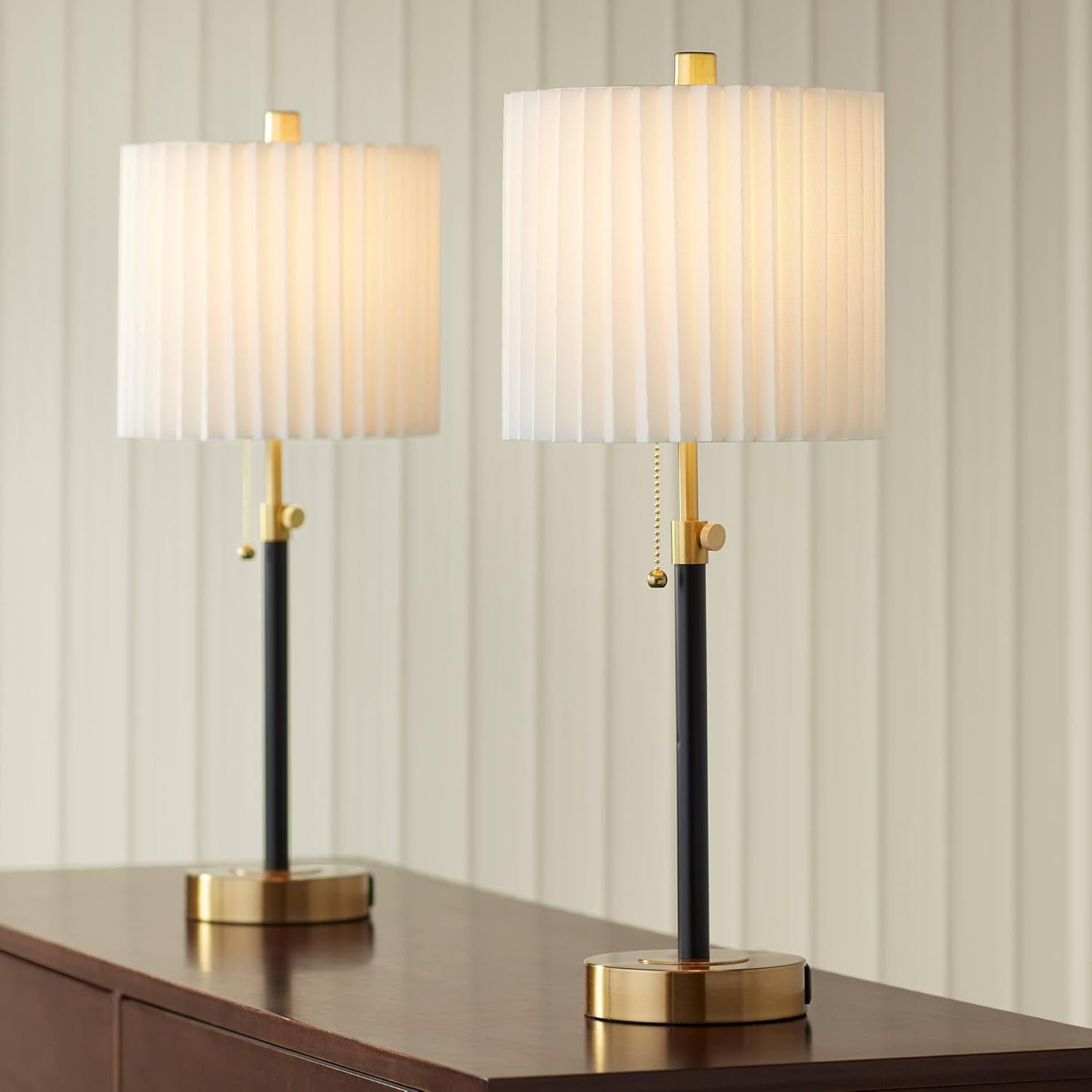 360 Lighting Lenore 22 3/4" High Small Modern Set of 2 Accent Table Lamps with USB Ports A+C Charging Adjustable Height Black Gold Metal Living Room Bedroom Bedside Nightstand House Office Home