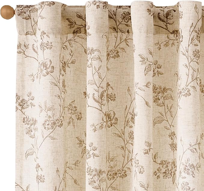 Floral Linen Curtains 84 Inch , 2 Panels, Taupe on Beige