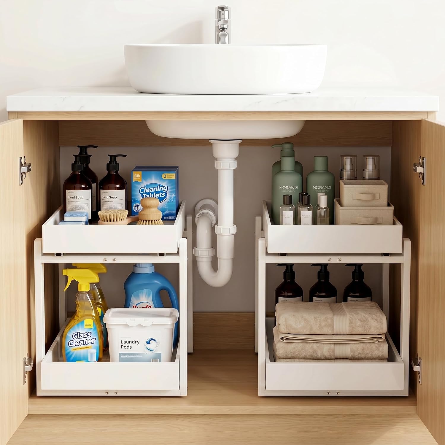 Bamboo Under Sink Storage 2 Tier Pull Out Cabinet Organizer Slide Out Under Sink Storage Shelf Undersink Organizers Shelves for Kitchen Bathroom Organization (White, 2 Pack)
