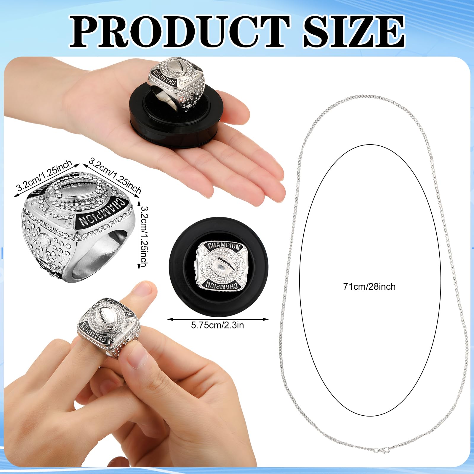 Landical 12 Stück Ringe Championship Trophäe Ringe Sport Ball Spiele Award Geschenk mit Display Hals Kette und Ständer für Turnier oder Liga Champion Gewinner