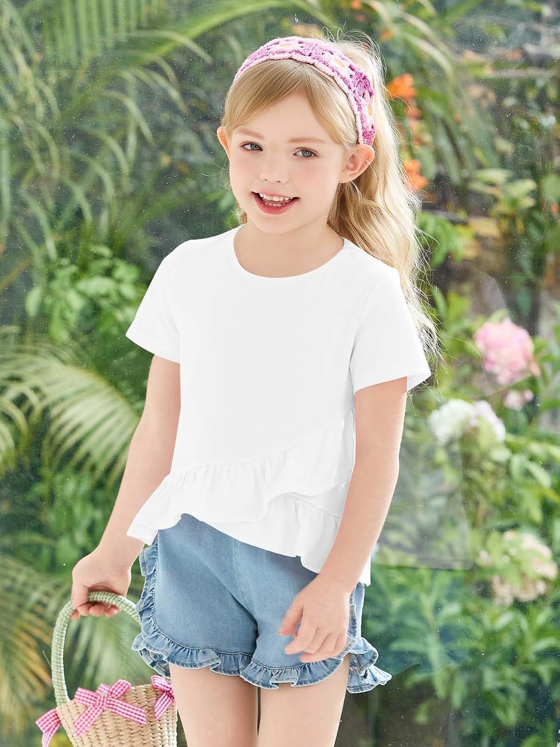 Haloumoning Toddler Baby Girl Short Sleeve T Shirts Kids Cute Crew Neck Ruffle Hem Summer Clothes Tops Tee 9M-8Y