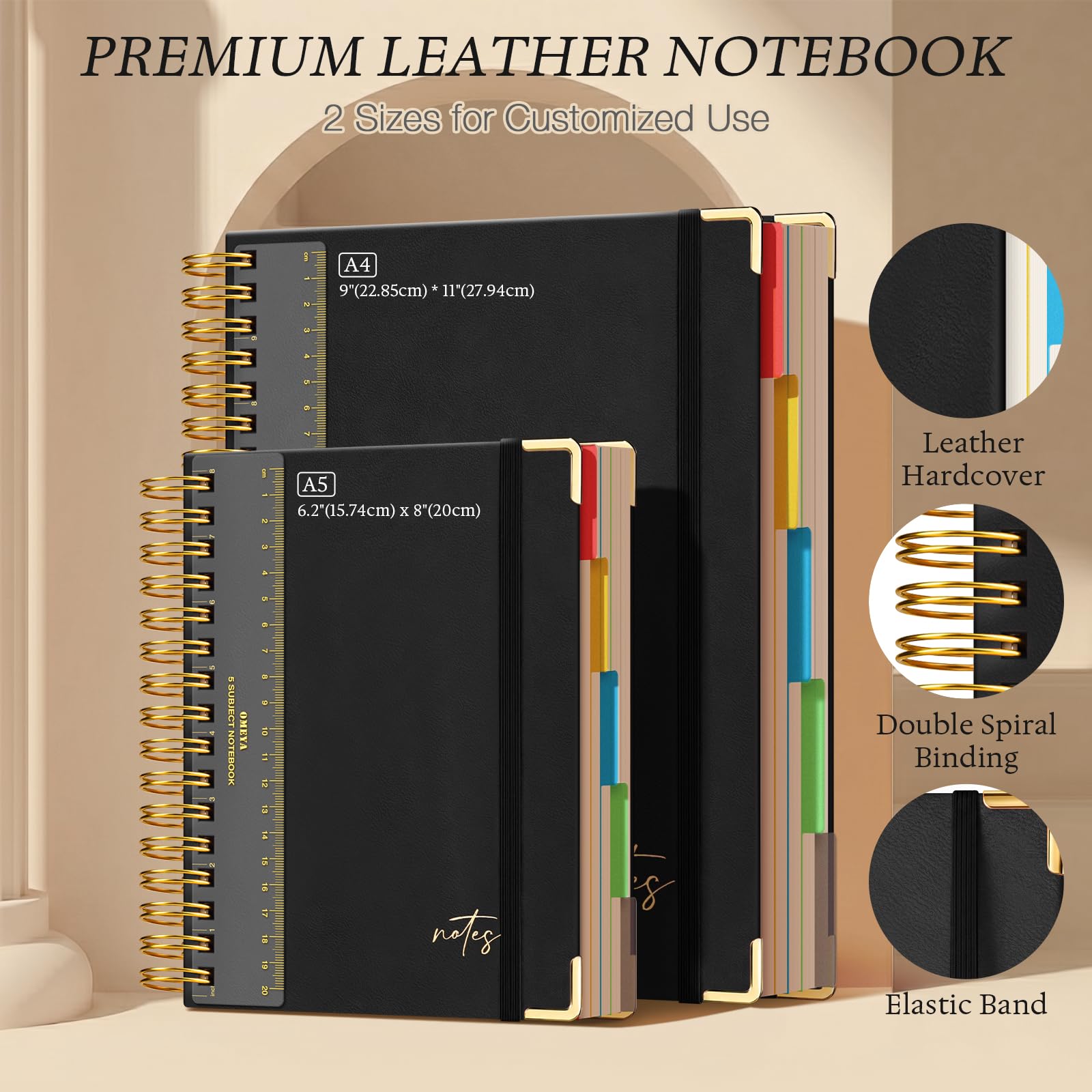 Carnet à spirale à couverture rigide de 21,6 x 27,9 cm : cuir ligné avec intercalaires de poche et règle, 300 pages 100 g/m² épais pour femme, grand carnet ligné A4 pour le travail et l'école