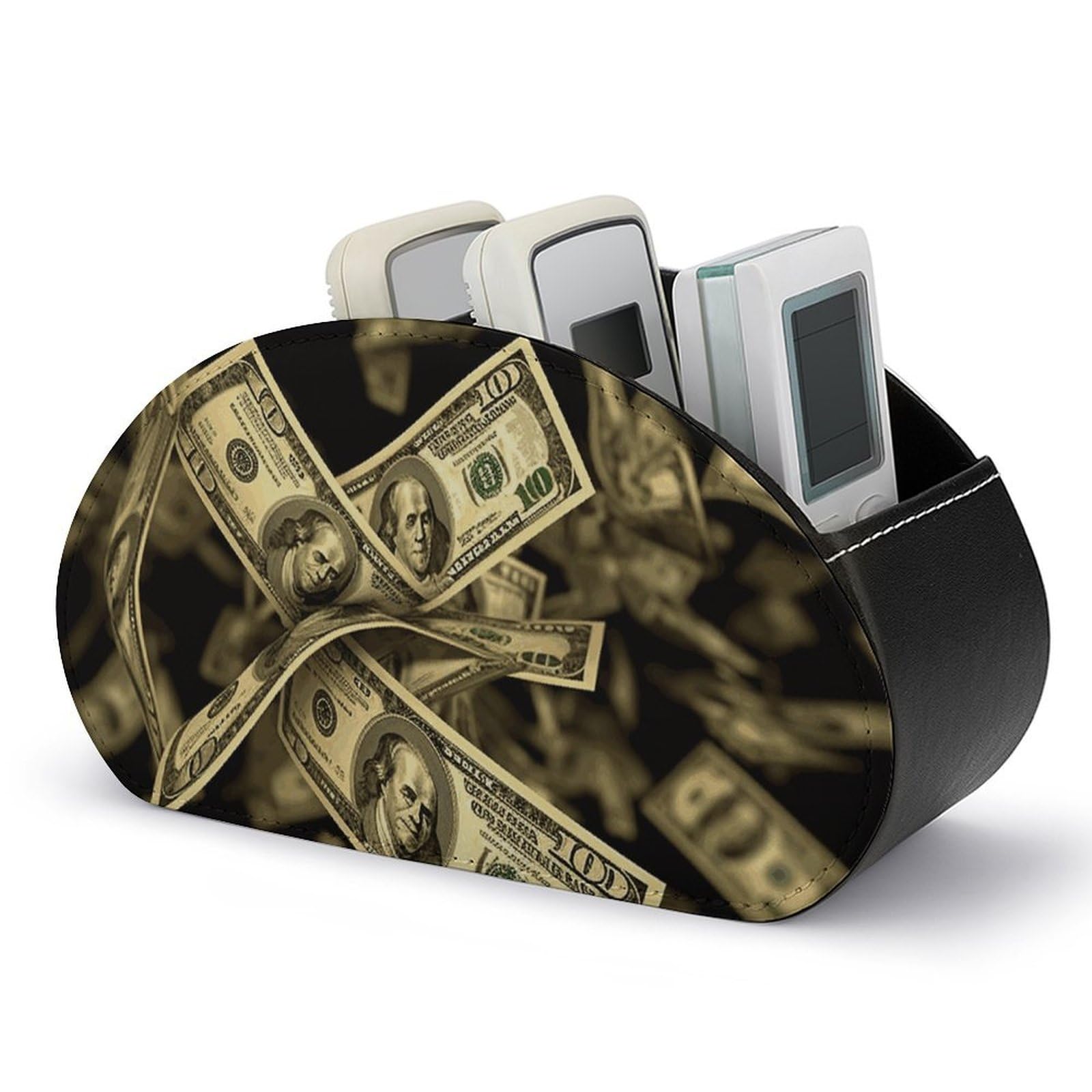 JTREHY Dollar Sign Money Remote Control Holder with 5 Compartments Pu Leather Remote Caddy Box Multi-functional Deskt Holders Organizer Box Tray Bedside Table Storage Organizer