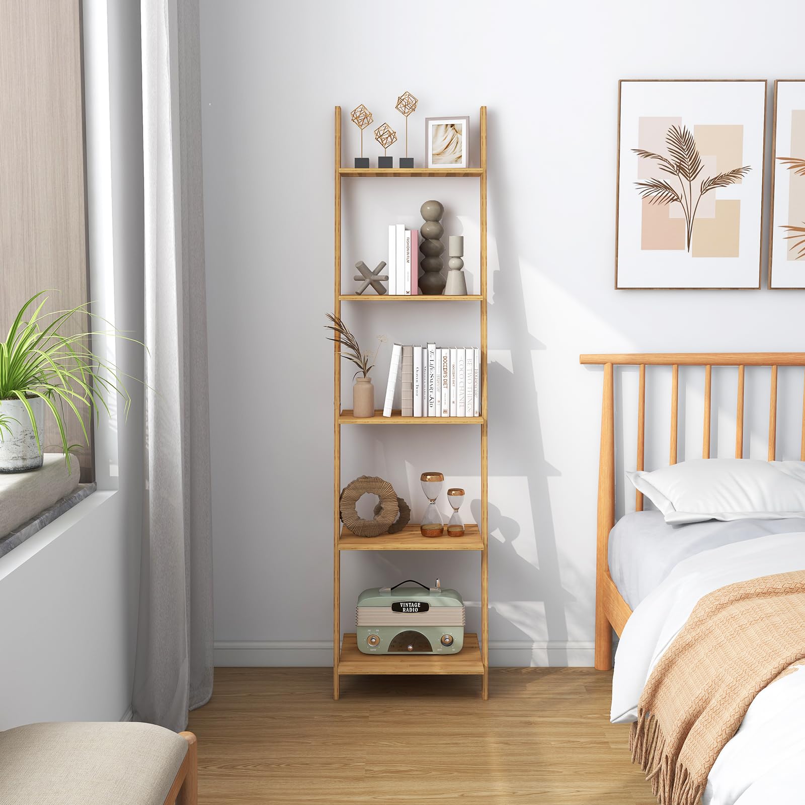 HOMASIS Leiterregal mit 5 Ebenen, Bücherregal aus Bambus, schmales Aufbewahrungsregal Standregal für Wohnzimmer, Schlafzimmer, Arbeitszimmer, 43 x 38,5 x 164 cm, Natur