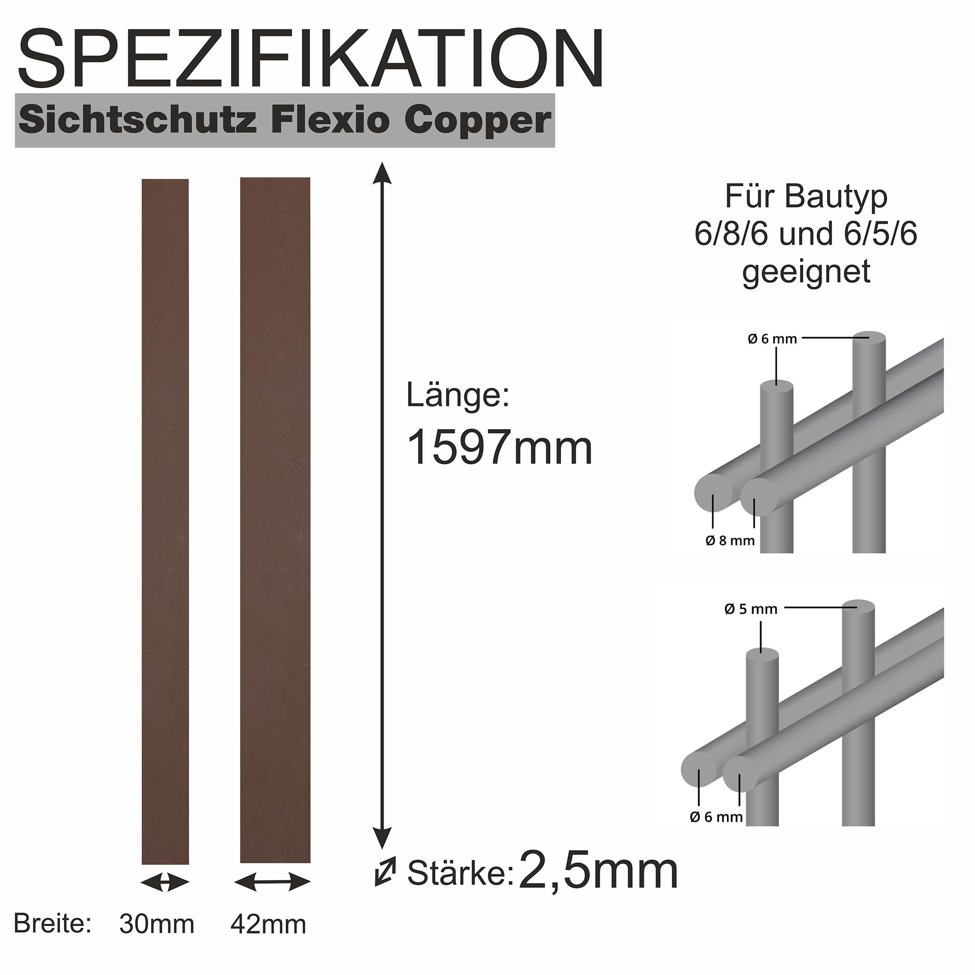 wodewa FLEXIO Sichtschutz Copper 1630mm | vertikale Kunststoff Sichtschutzstreifen für Doppelstabmattenzaun | 11 Streifen + 12 Clips Bautyp 6/5/6 und 8/6/8 | Wetterfest | Made in Germany