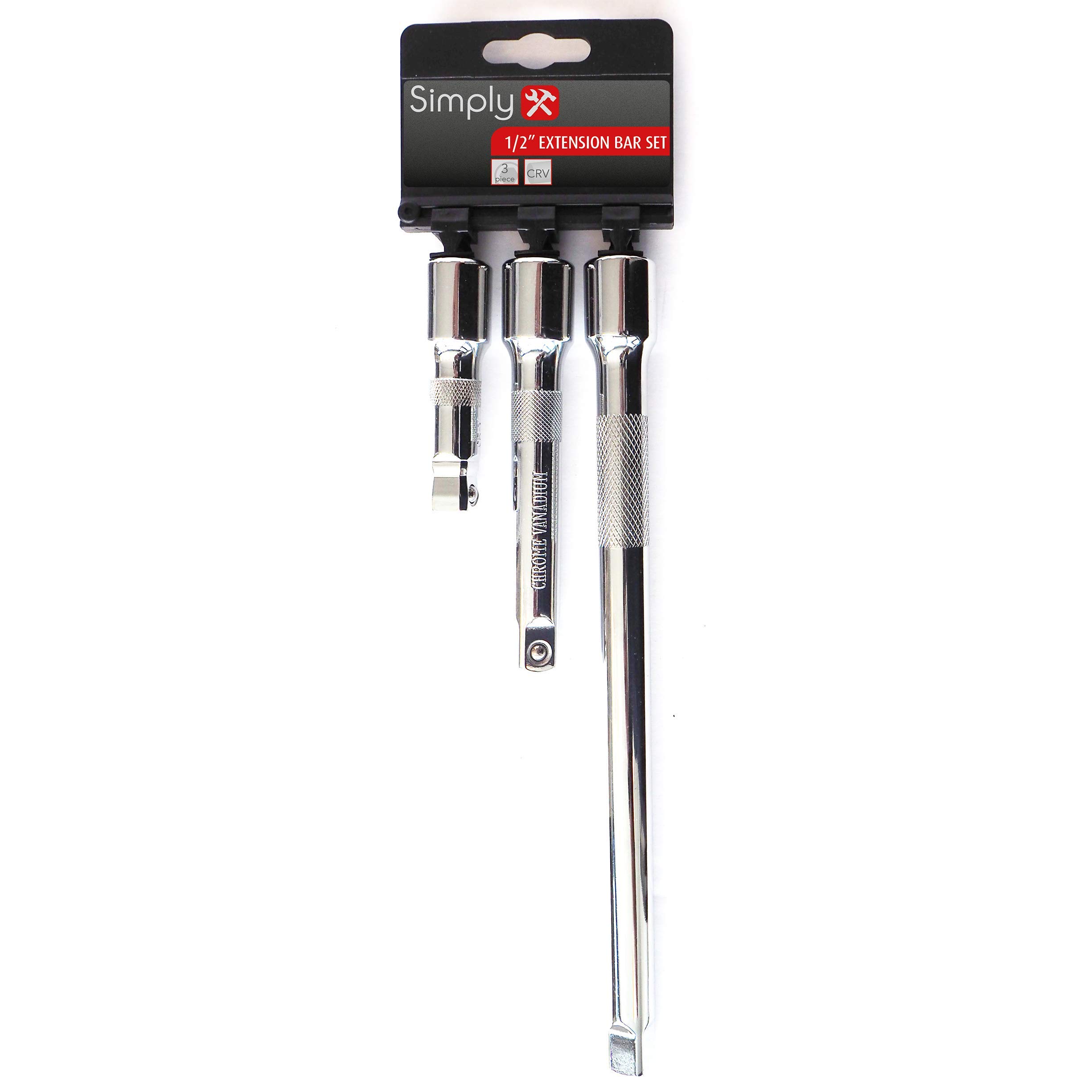 Simply TSET12 3 Piece 1/2” Extension Bar Set - Conveniently Lock Sockets - Extended Reach - Set of 3