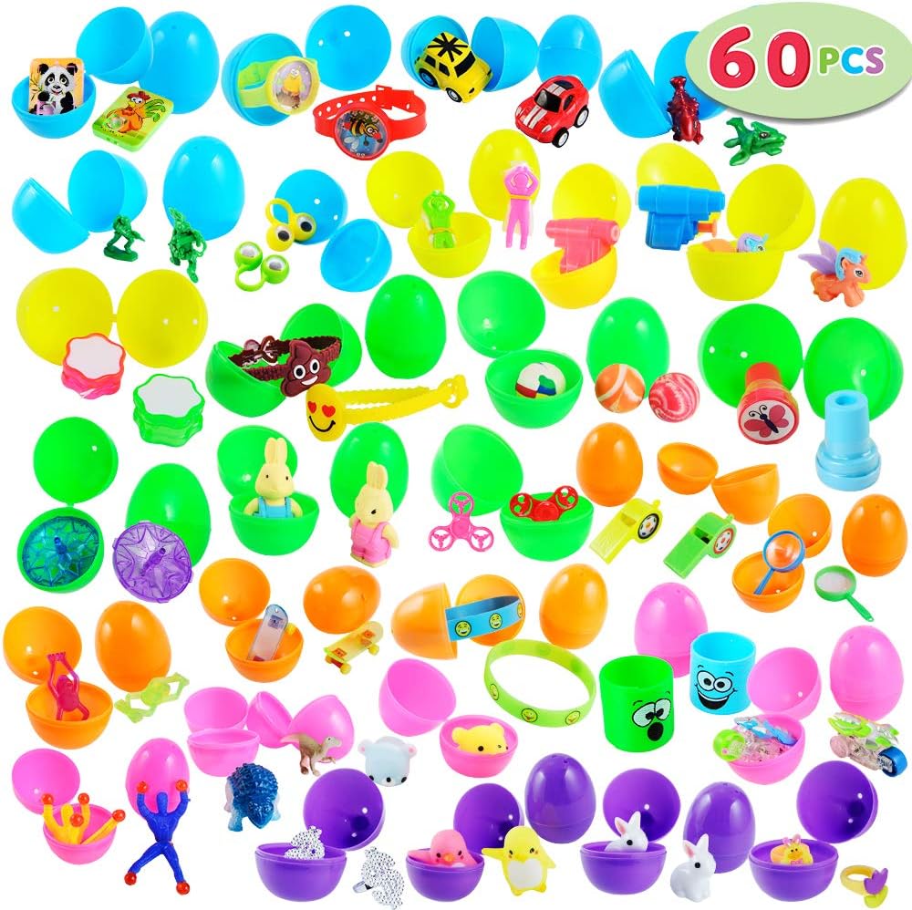 JOYIN 60 Toys Filled Easter Eggs, 2.5” Bright Prefilled Plastic Easter Eggs with 30 Kinds of Popular Toys for Hunt, Basket Stuffers/Fillers, Classroom Prize Supplies