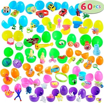 JOYIN 60 Toys Filled Easter Eggs, 2.5 Bright Prefilled Plastic Easter Eggs with 30 Kinds of Popular Toys for Hunt, Basket Stuffers/Fillers, Classroom Prize Supplies