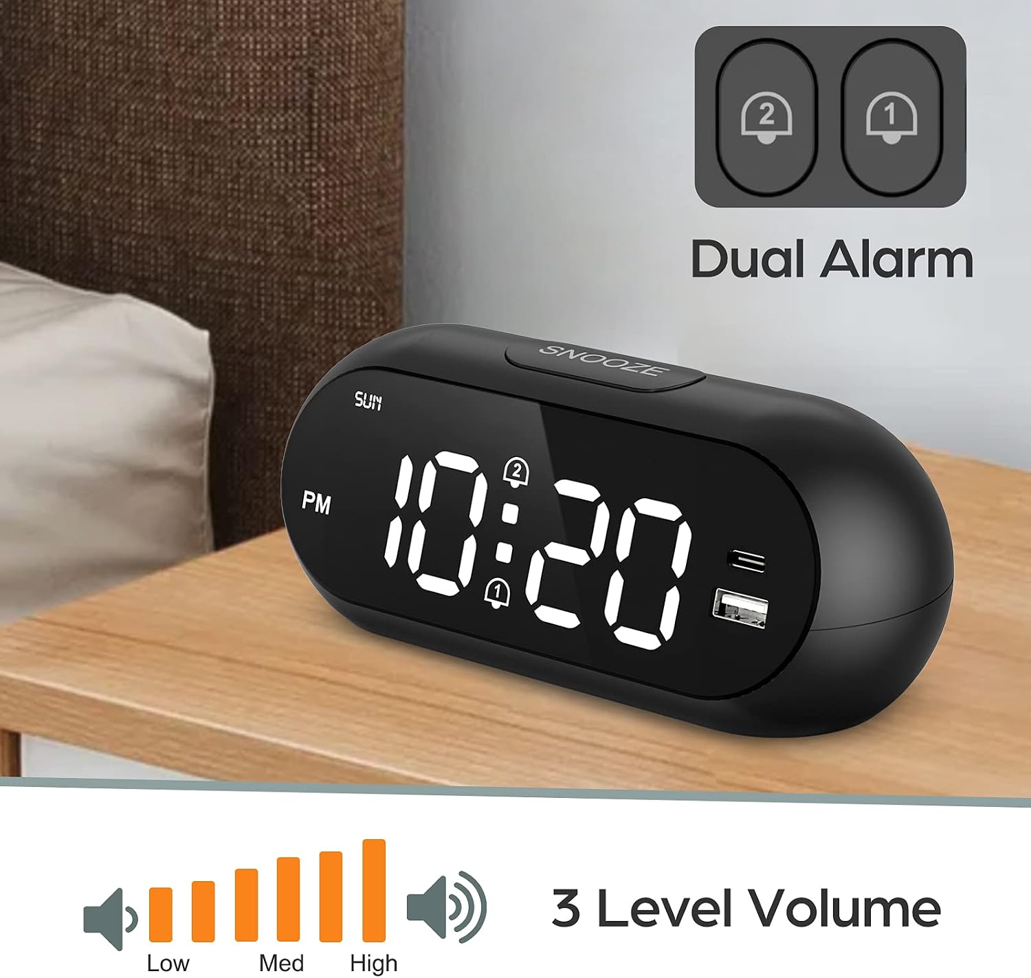 YORTOT Small Digital Alarm Clock for Bedrooms -0-100% Dimmer, Easy to Set and Read, Dual Alarm with Weekday/Weekend Mode, 3 Volumes, USB A & USB C Charger Port, 12/24H, Battery Backup, Bedside, Desk